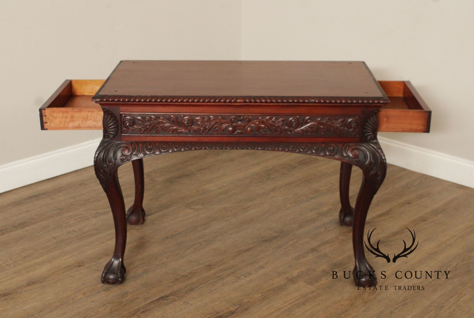 Georgian Style Antique Carved Mahogany Library Table Writing Desk