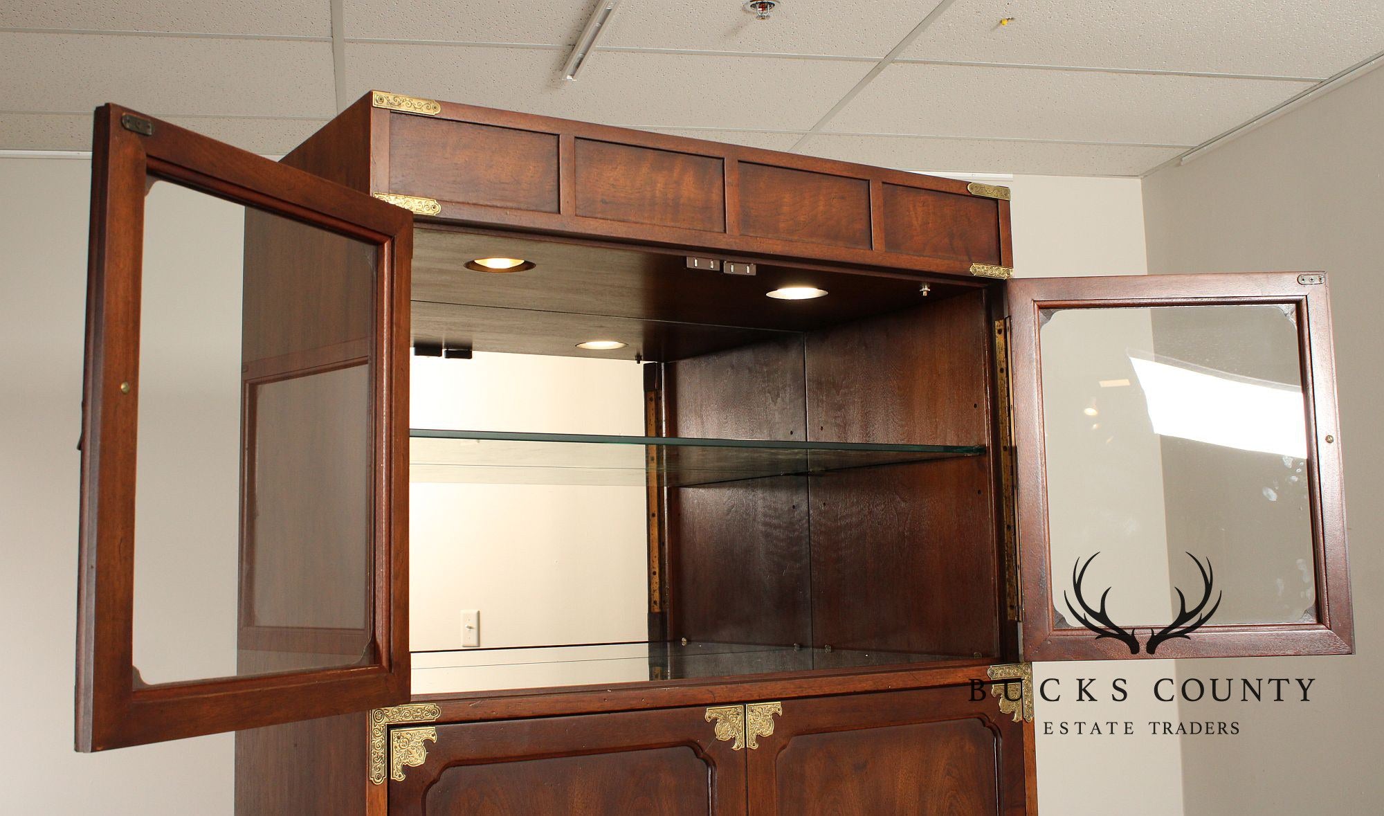 Henredon Asian Style Brass Mounted Walnut Bar Cabinet