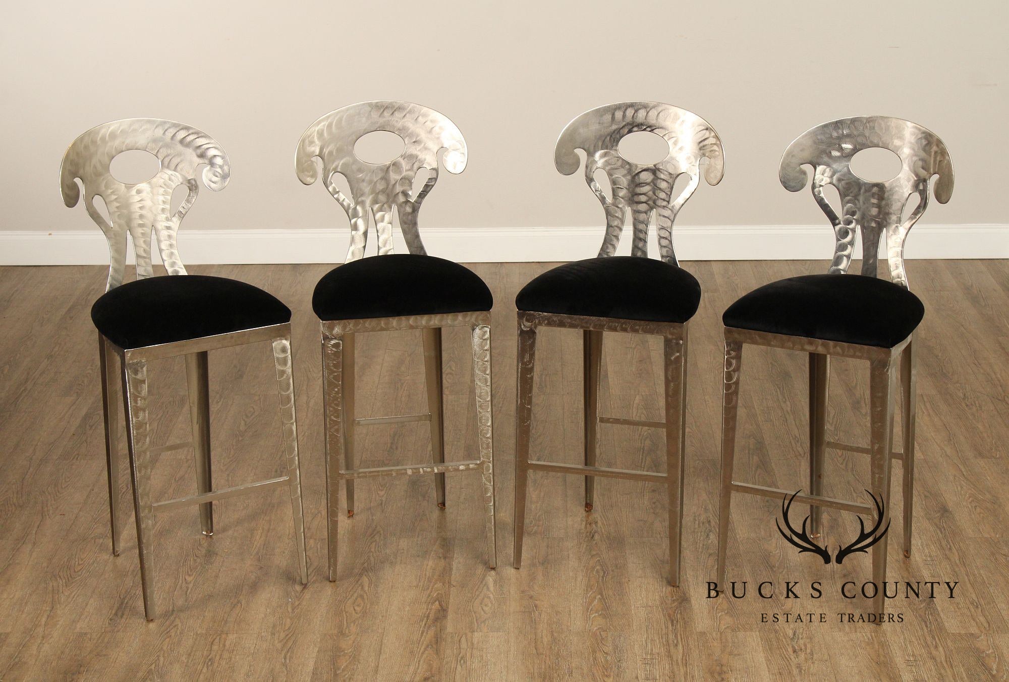 Post Modern Set of Four Brushed Steel Bar Stools