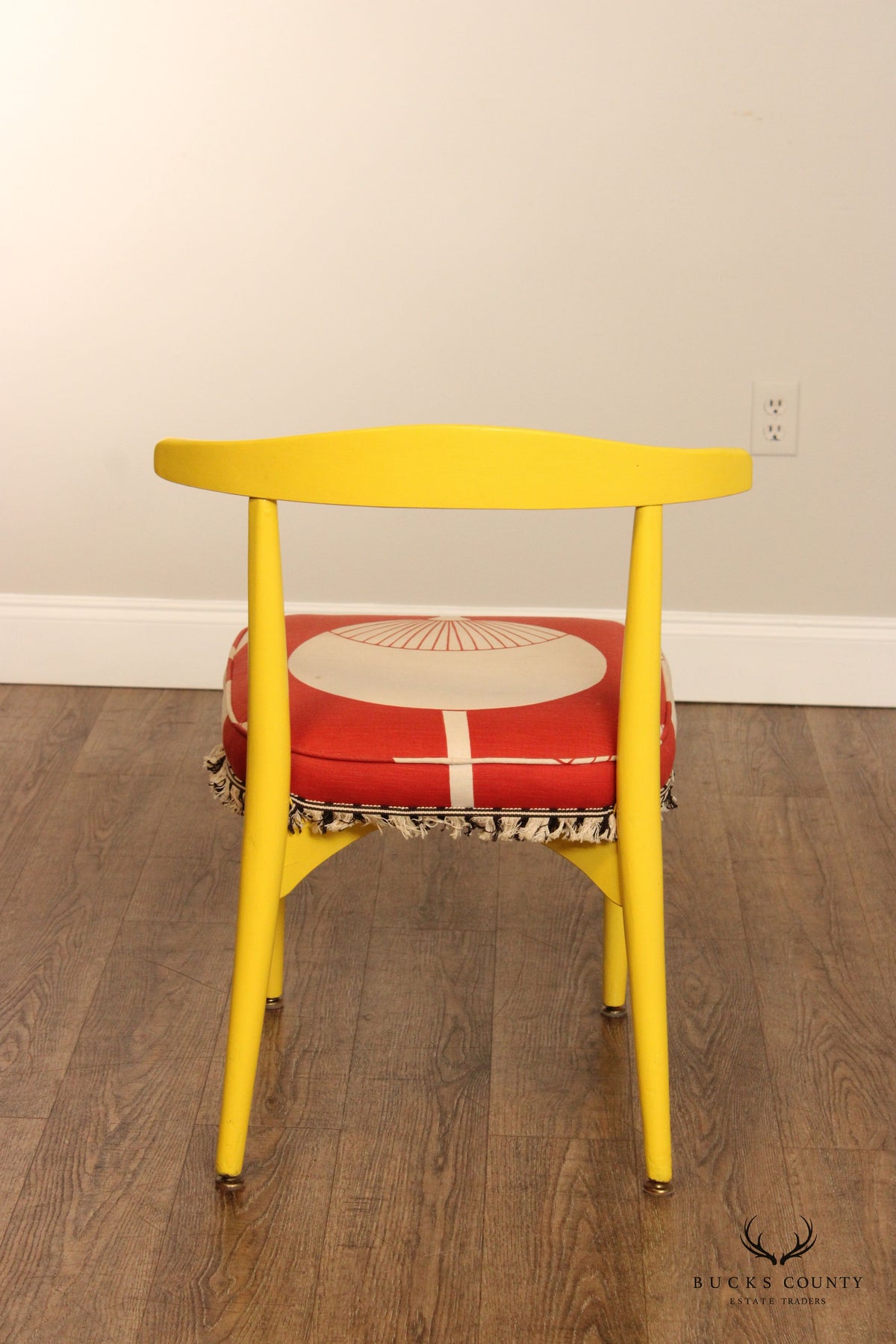 Vintage Mid Century Modern Pair Of Yellow Barrel Back Dining Chairs With Graphic Upholstery