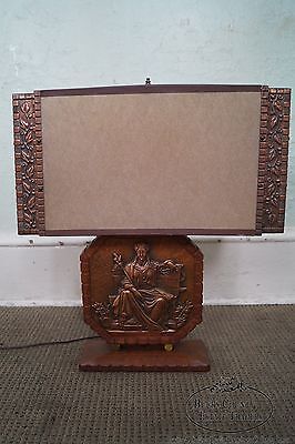 Mid Century Copper Relief Repousse & Teak Lamp w/ Shade by A. Gilles