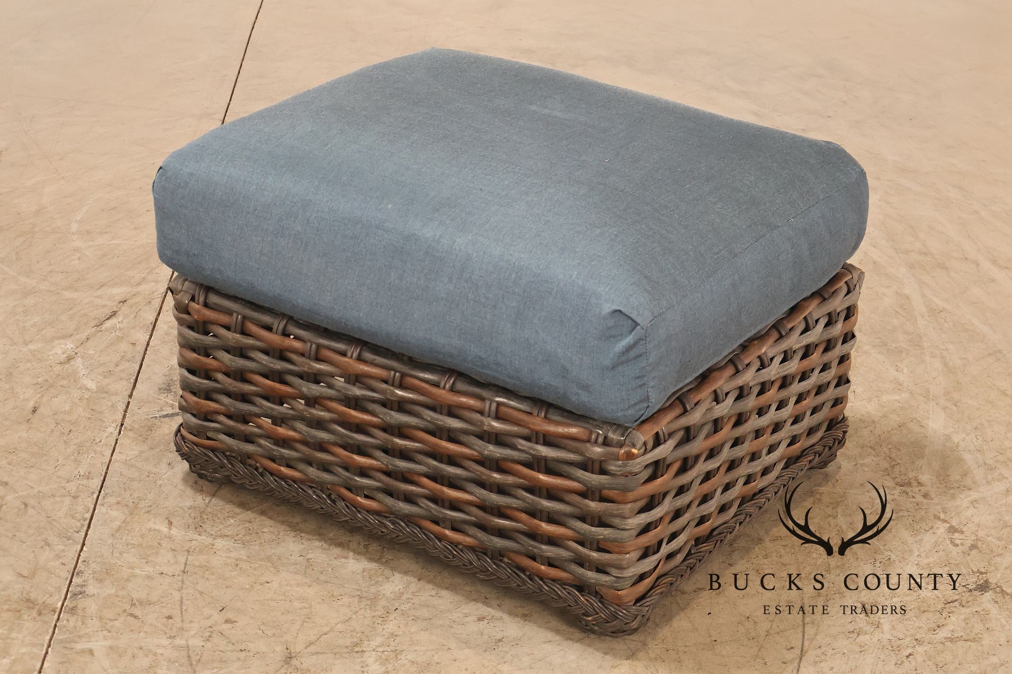 Lane Venture WeatherMaster Pair Of Woven Wicker Outdoor Ottomans With Blue Cushions