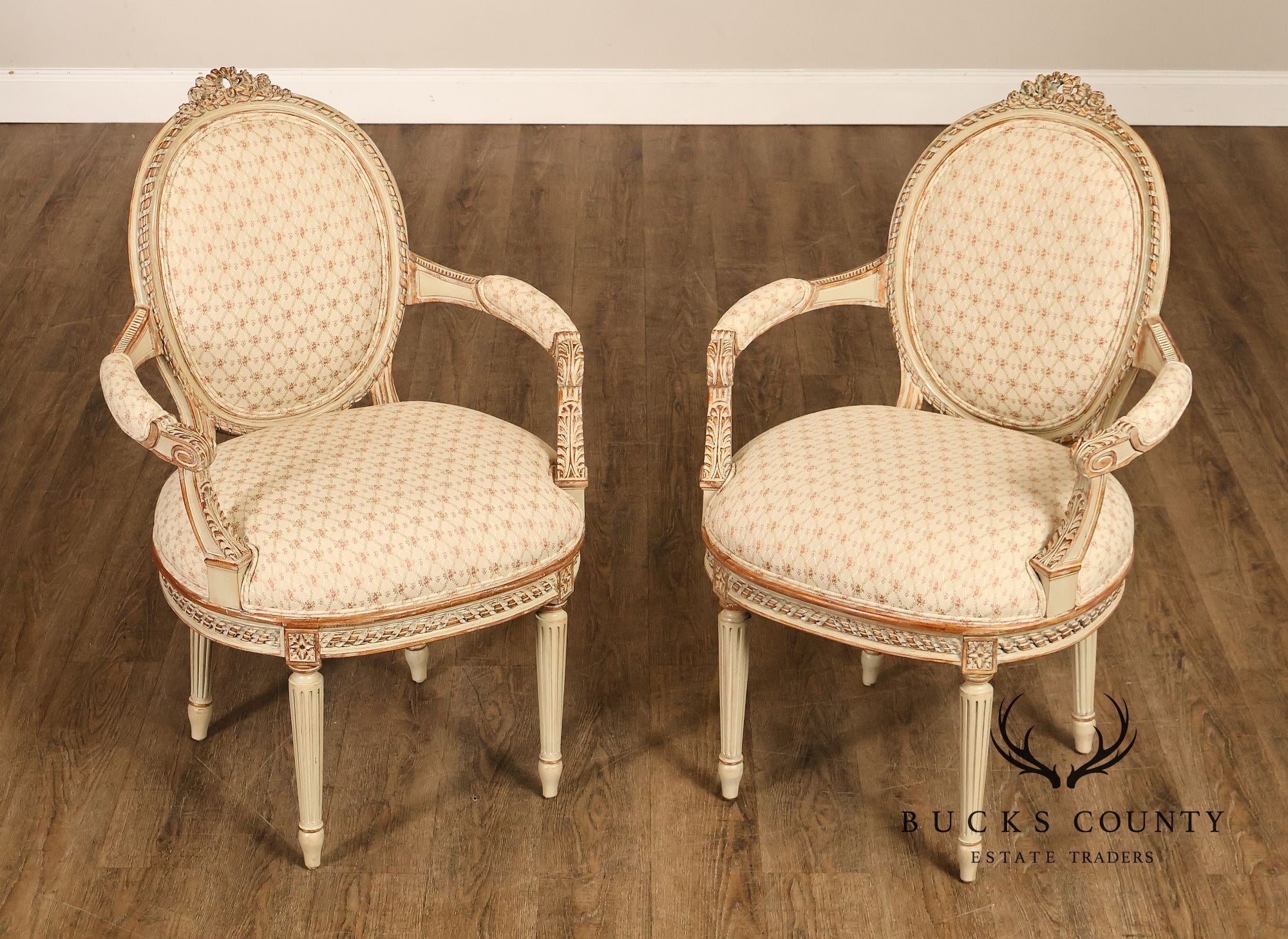 French Louis XVI Style Pair of Cream Painted Armchairs