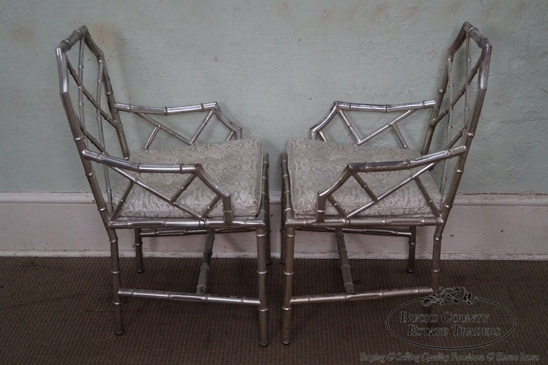 Mid Century Pair of Chinese Chippendale Italian Silver Gilt Metal Armchairs (A)