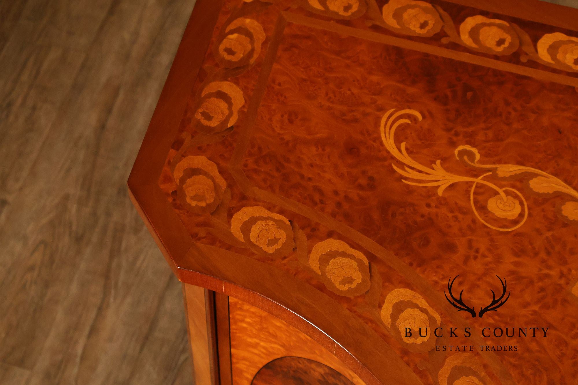 Italian Neoclassical Style Pair of Burl Wood Inlaid Sideboards