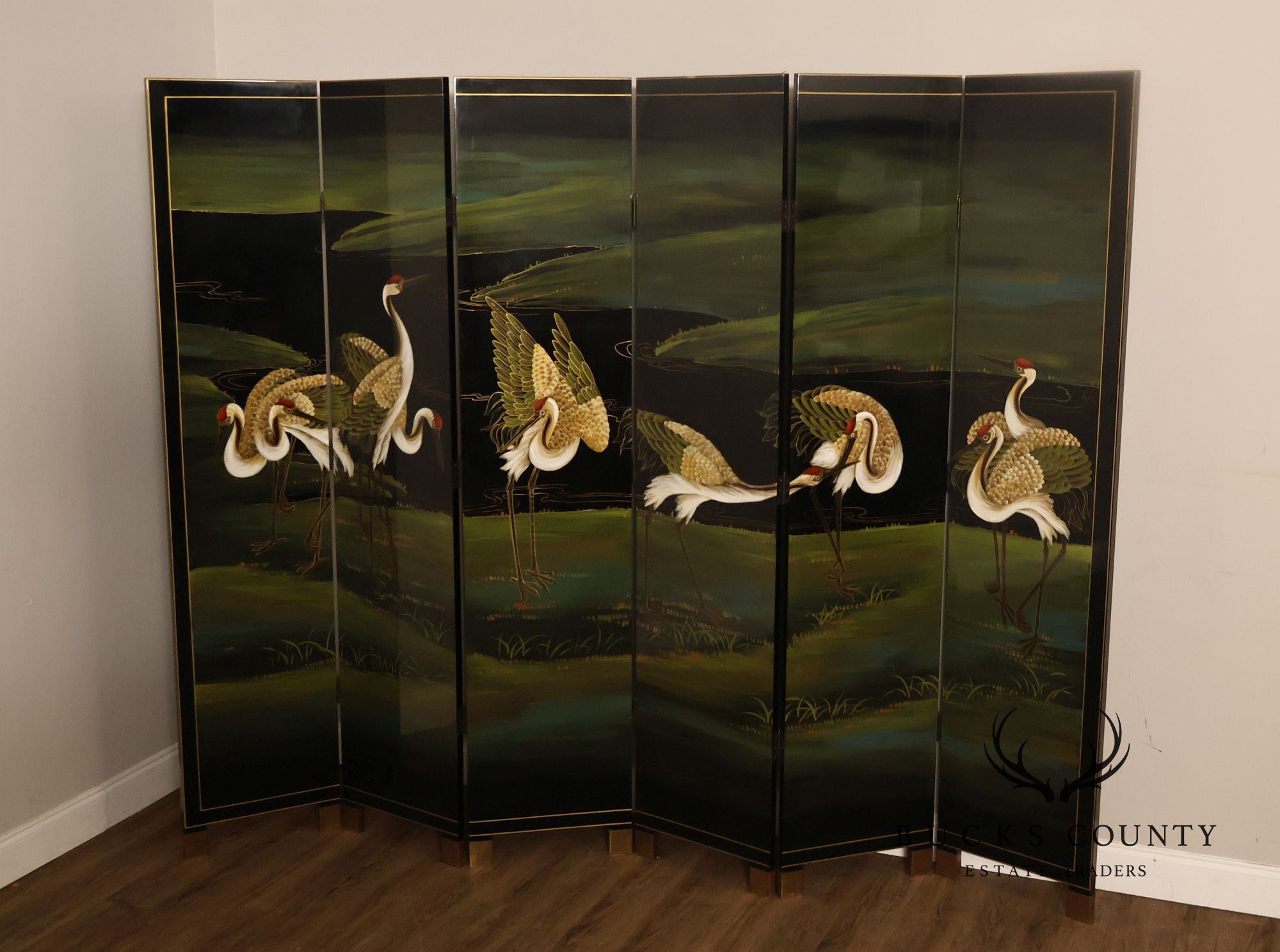 Japanese Style Hand Painted Lacquered Six-Panel Room Divider