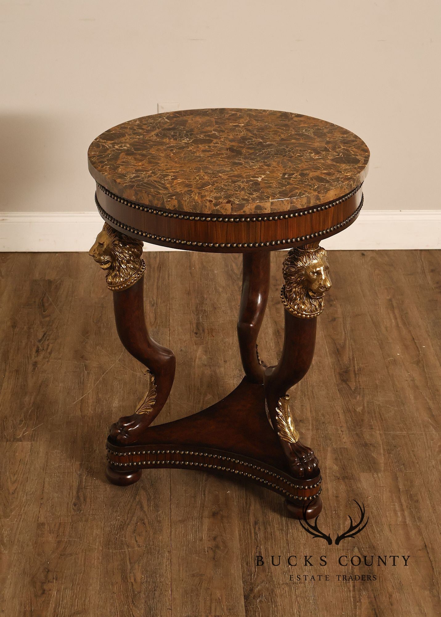 Maitland Smith Empire Style Round Marble Top Mahogany Lamp Table