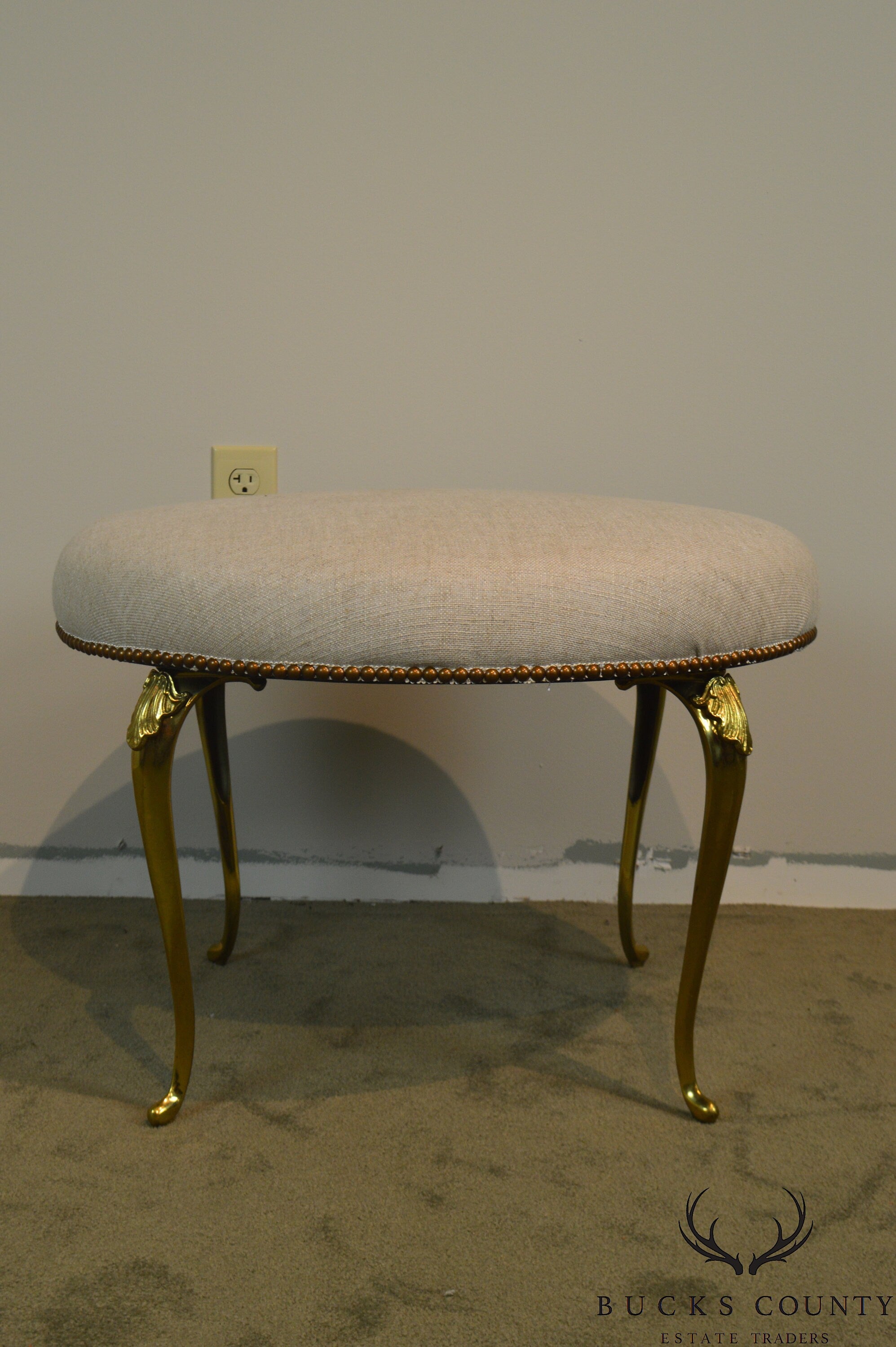 Italian Vintage Brass Frame Round Ottoman or Stool