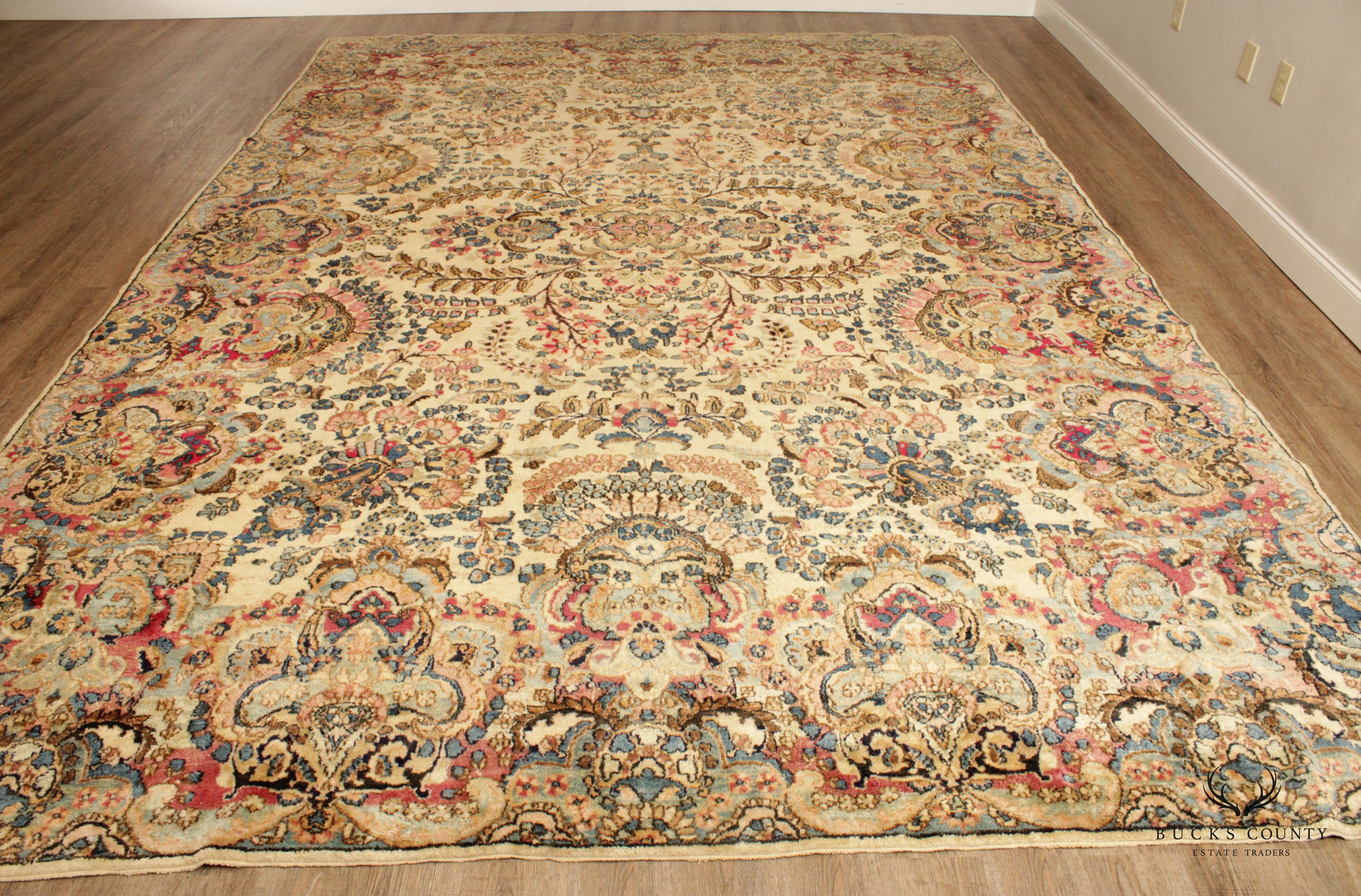 Vintage Persian Kerman Large Wool Area Rug, 14' x 9'