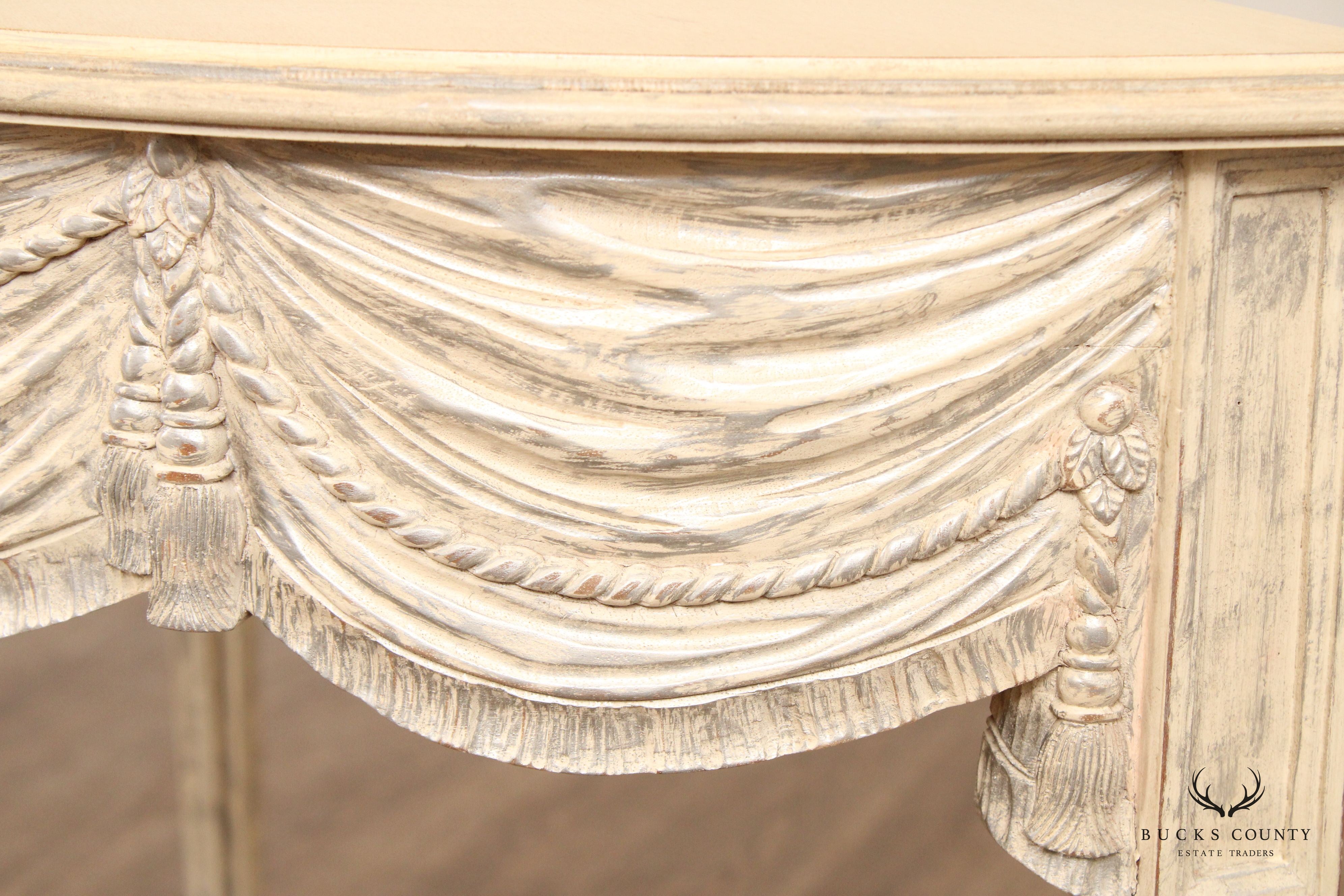 Gustavian Style Pair of Carved and Distress Painted Demilune Console Tables