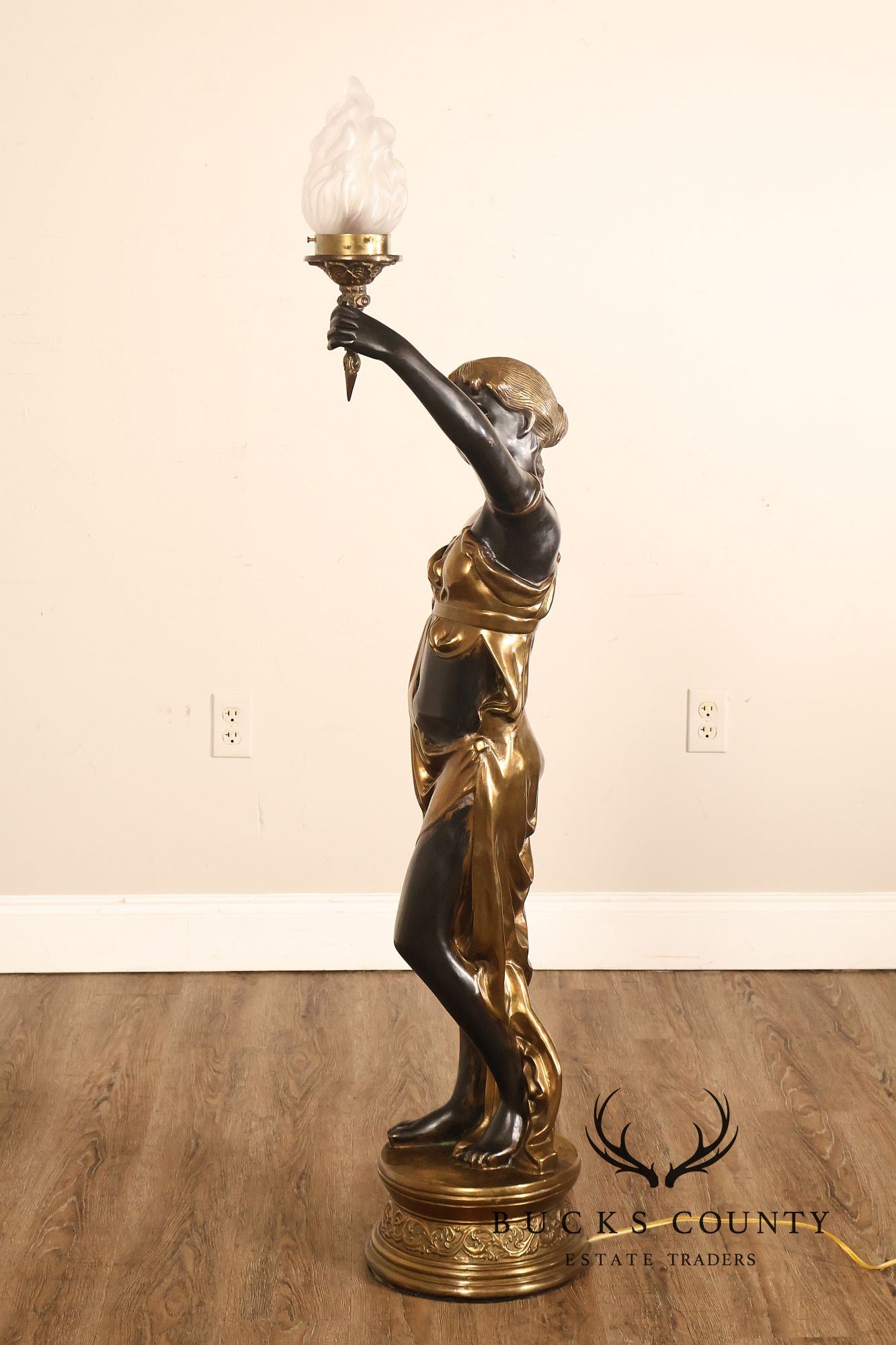 Neoclassical Style Pair Of Bronze Figural Torchere Floor Lamps