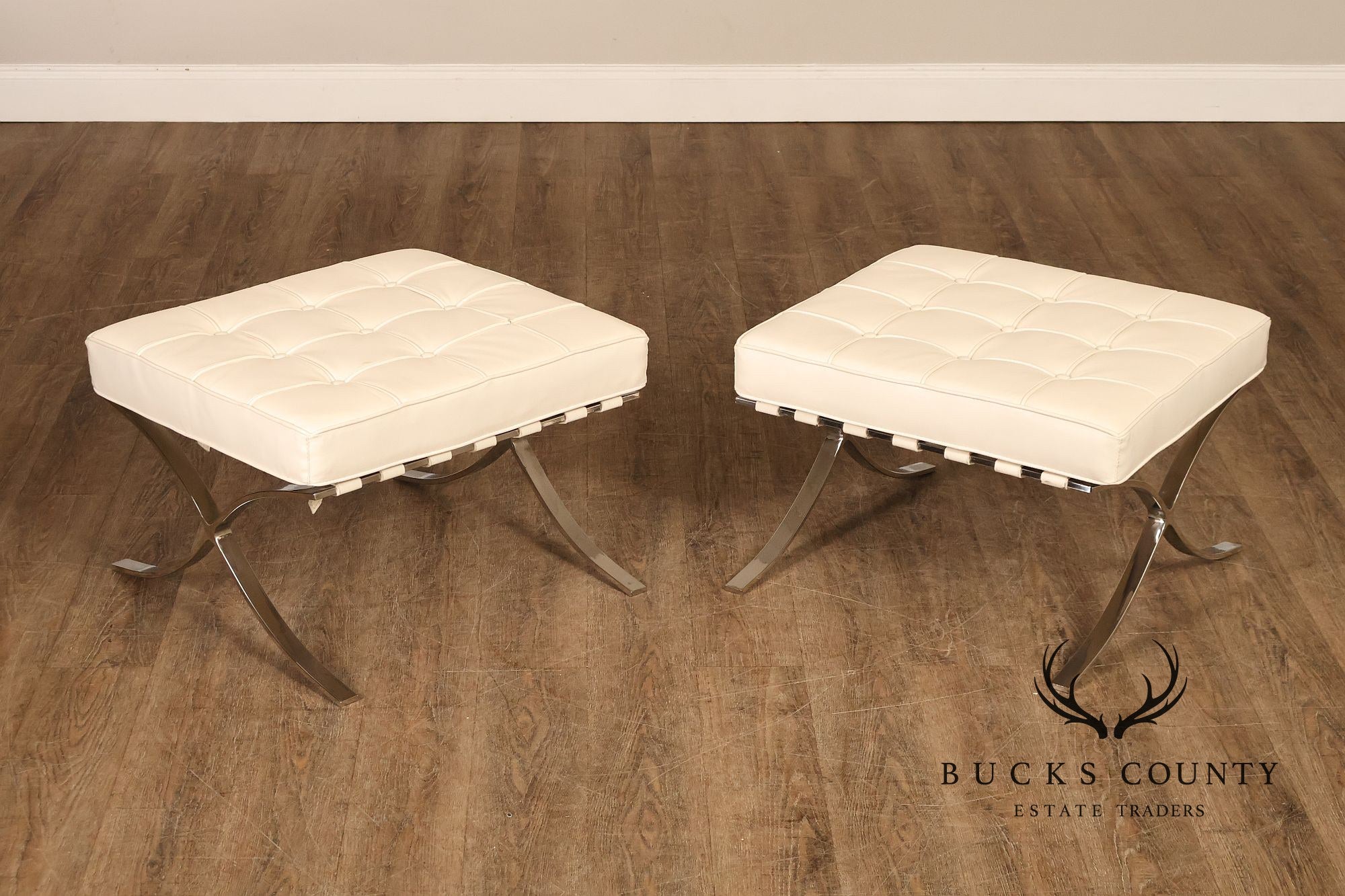 White Barcelona Style Pair Of Leather Stools With Chrome Bases