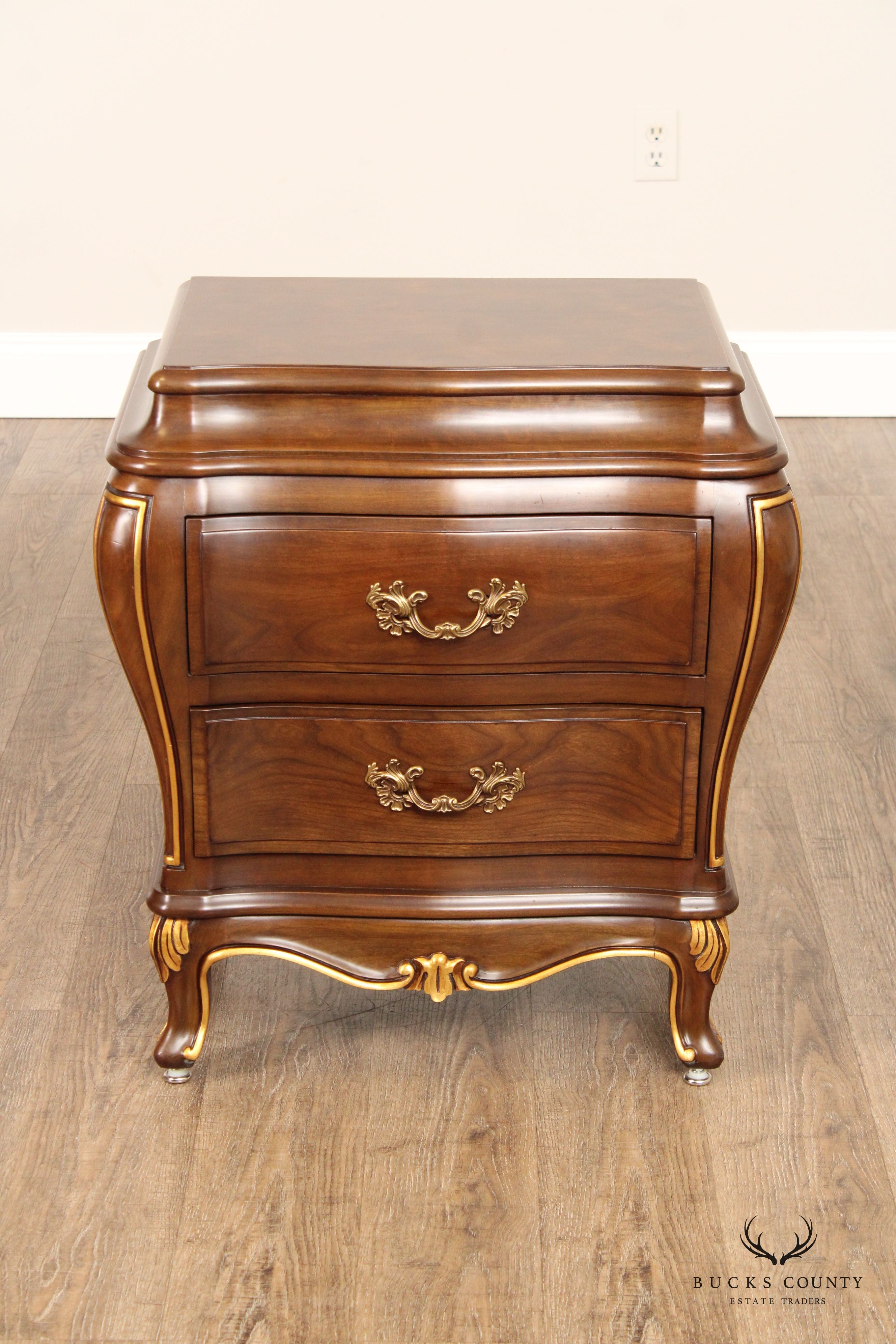 Karges French Louis XV Style Pair of Walnut Bombe Chest Nightstands