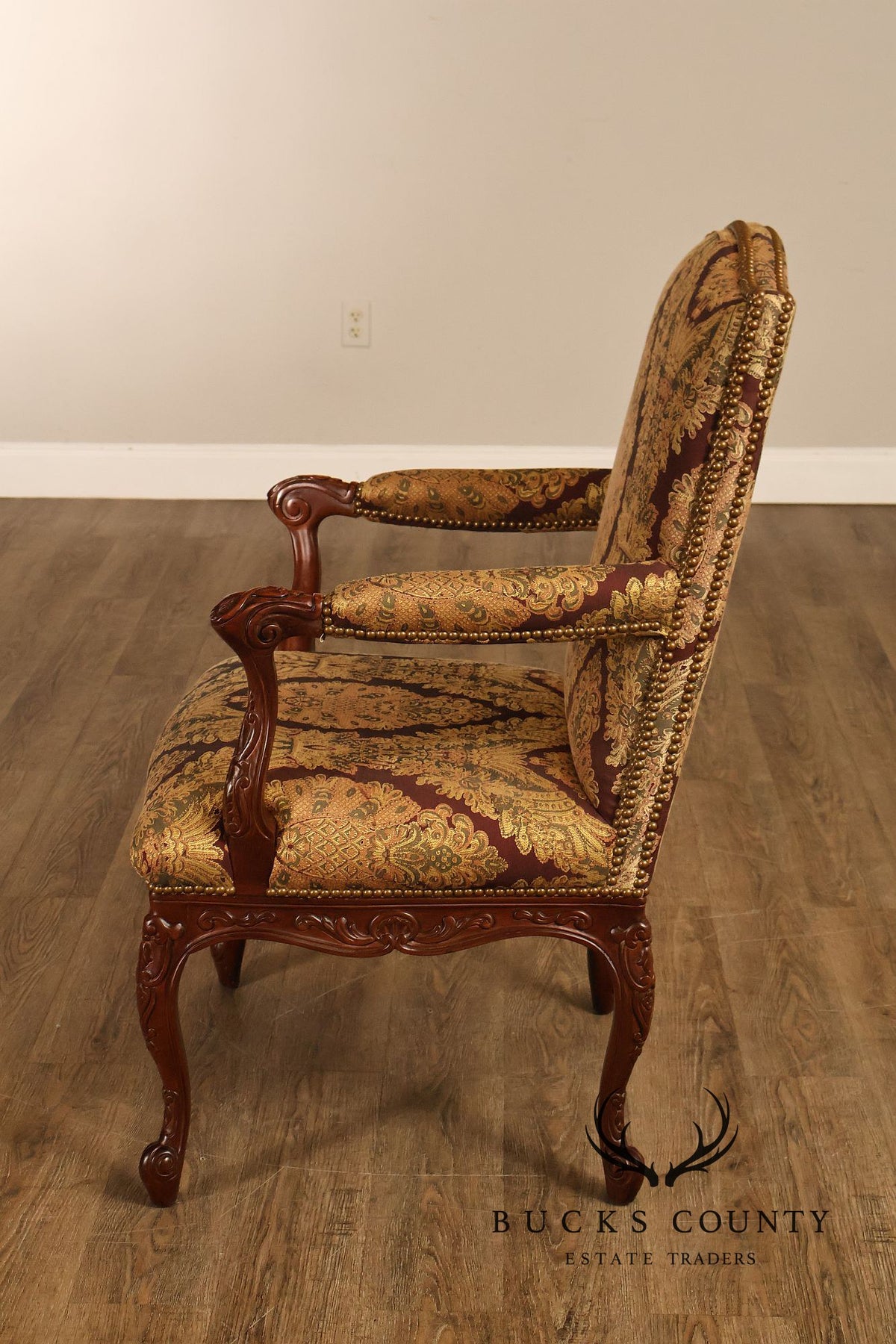 French Louis XV Style Carved Wood Upholstered Armchair