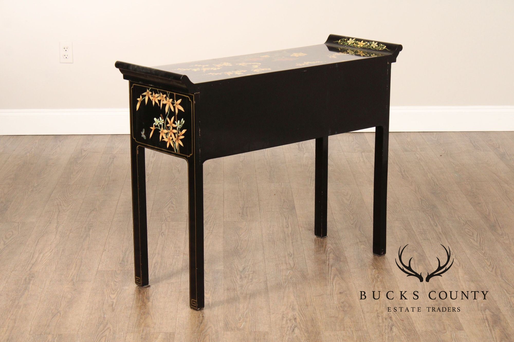 Chinoiserie Painted Vintage Black Lacquer Console Table