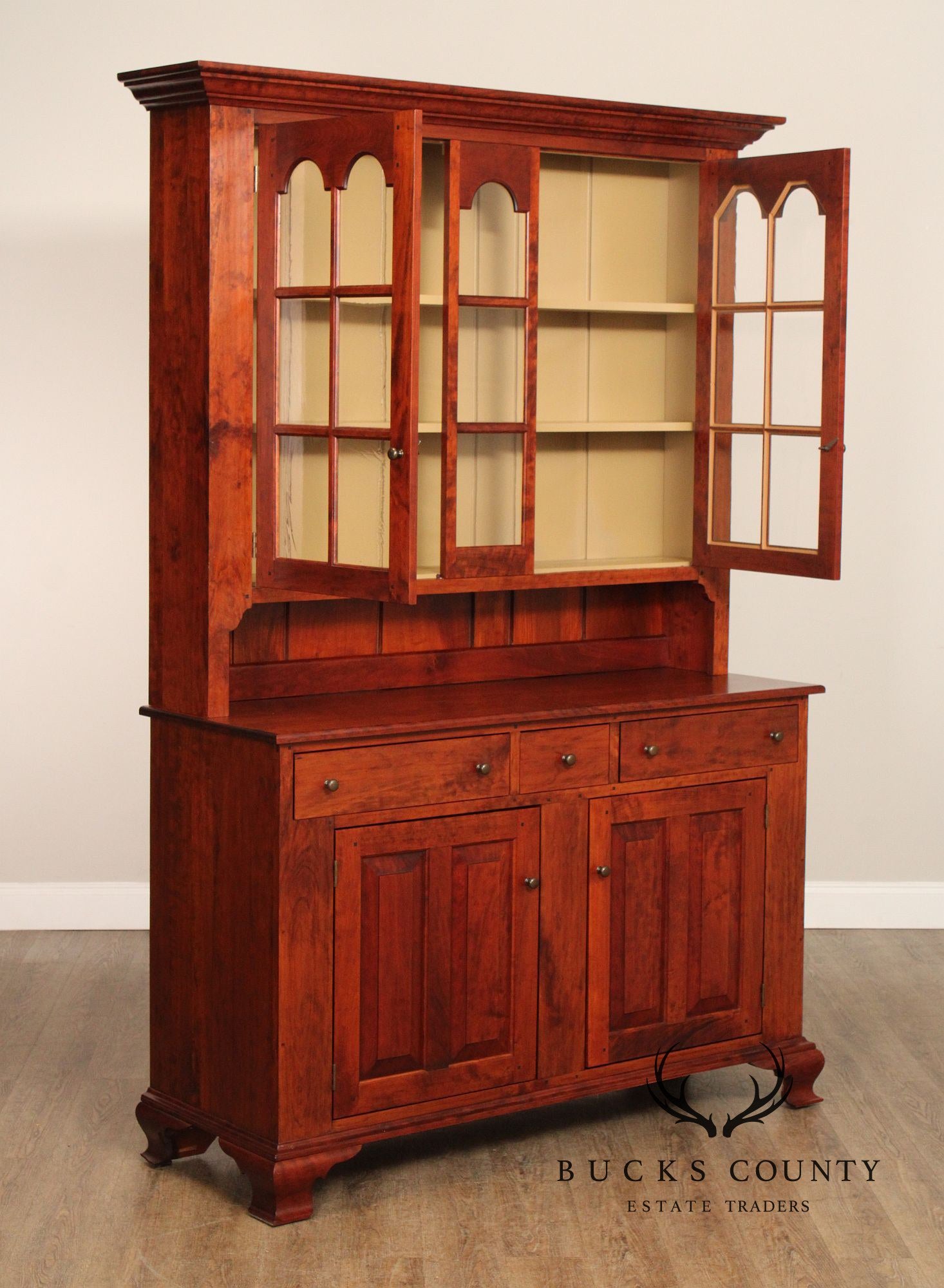 TWO PIECE BENCH-MADE CHERRY DISH CUPBOARD