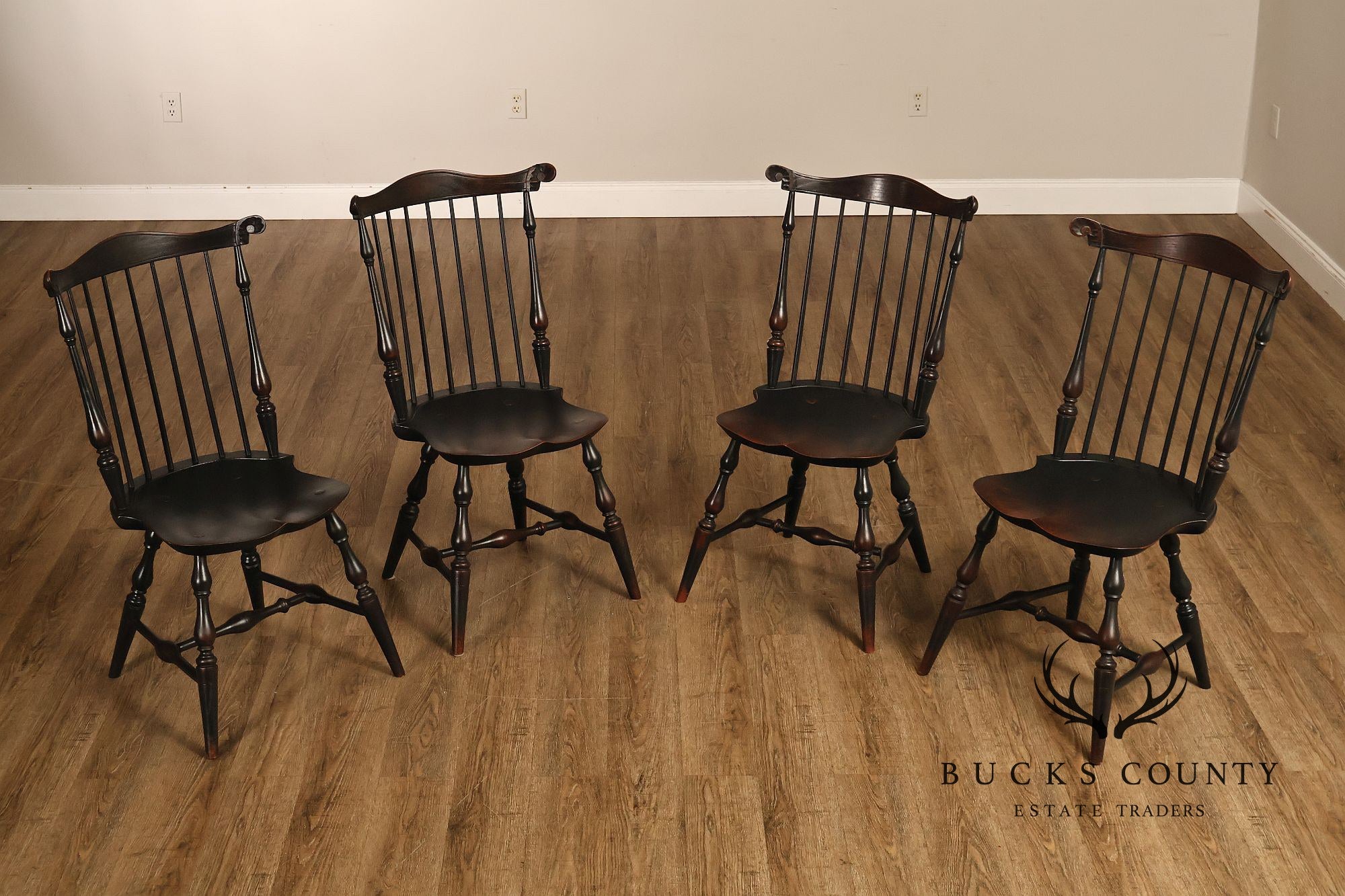 Custom Set Of Four Black Over Red Painted Fan Back Windsor Dining Chairs