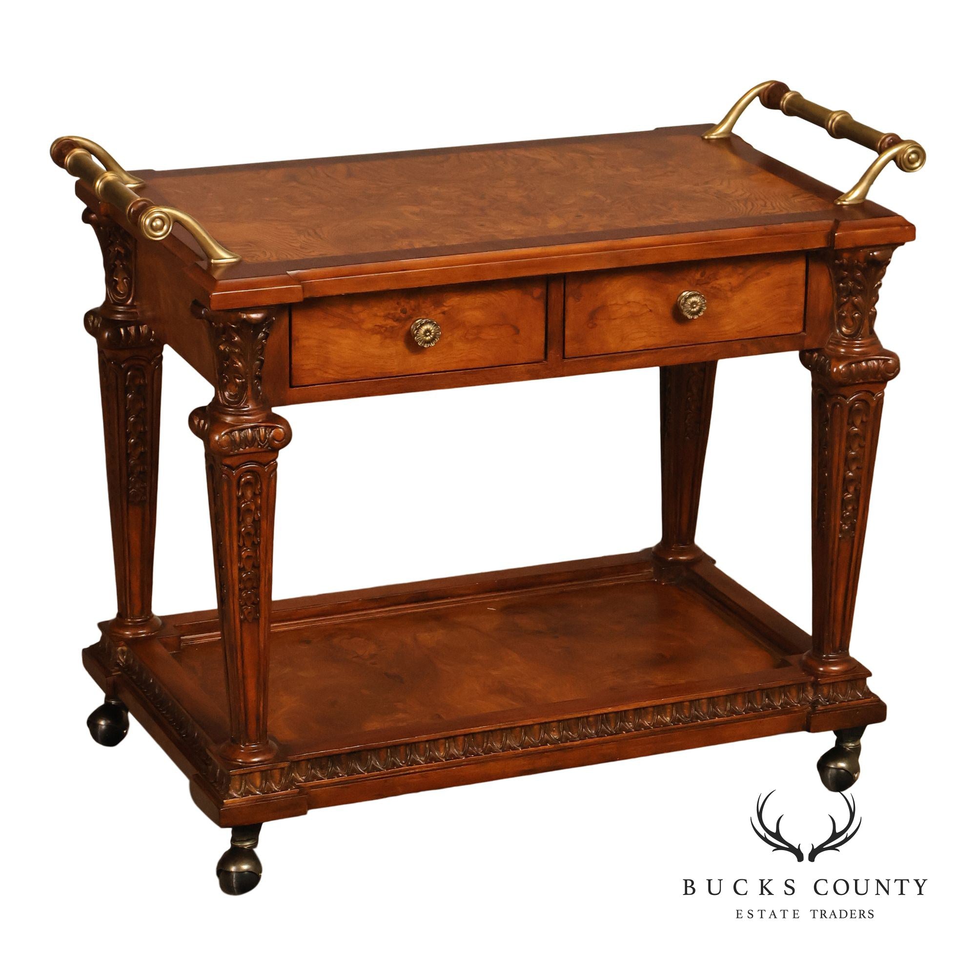 Carved Burl Wood Serving Bar Cart with Drawers and Brass Handles