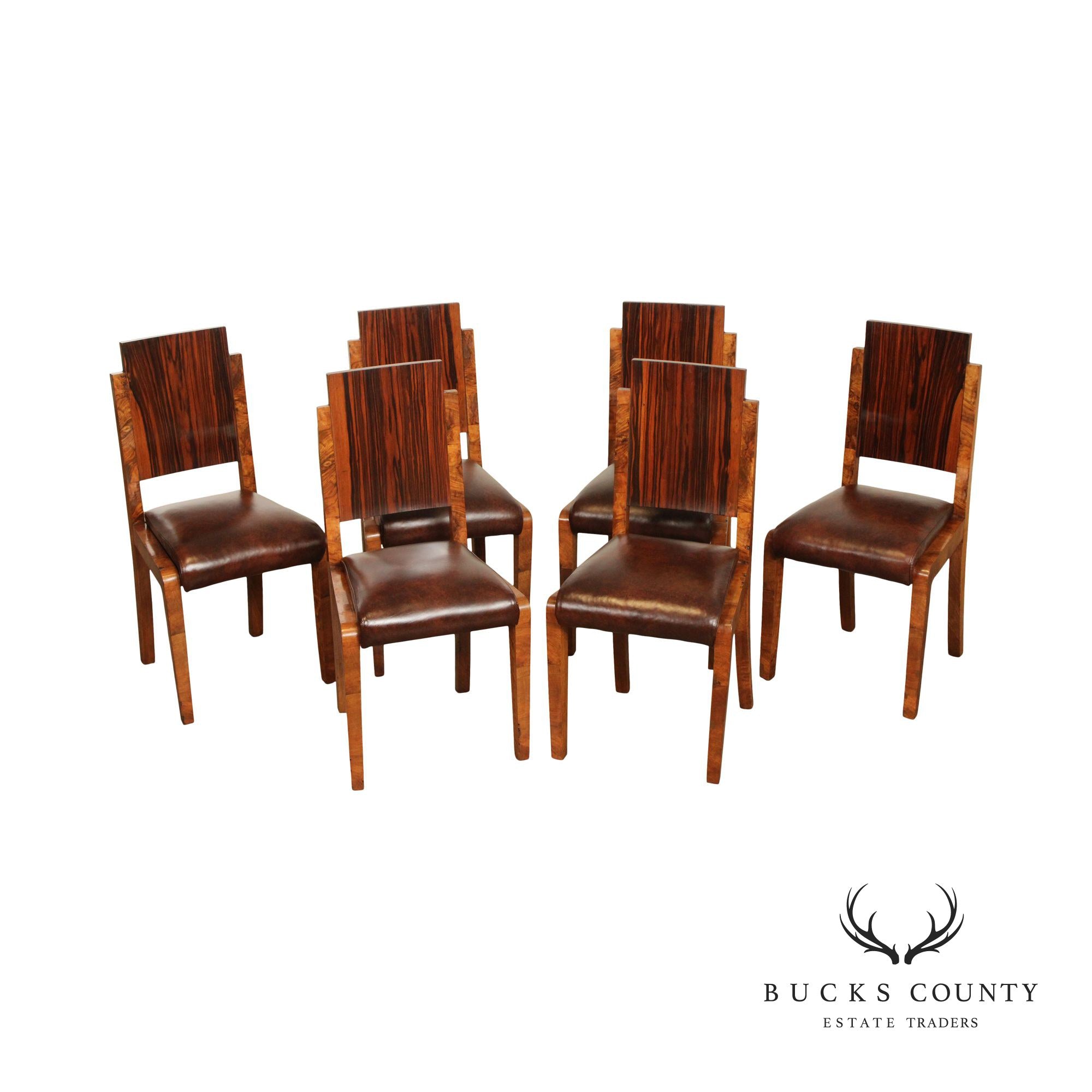 Art Deco Period Set of Six Rosewood and Walnut Dining Chairs