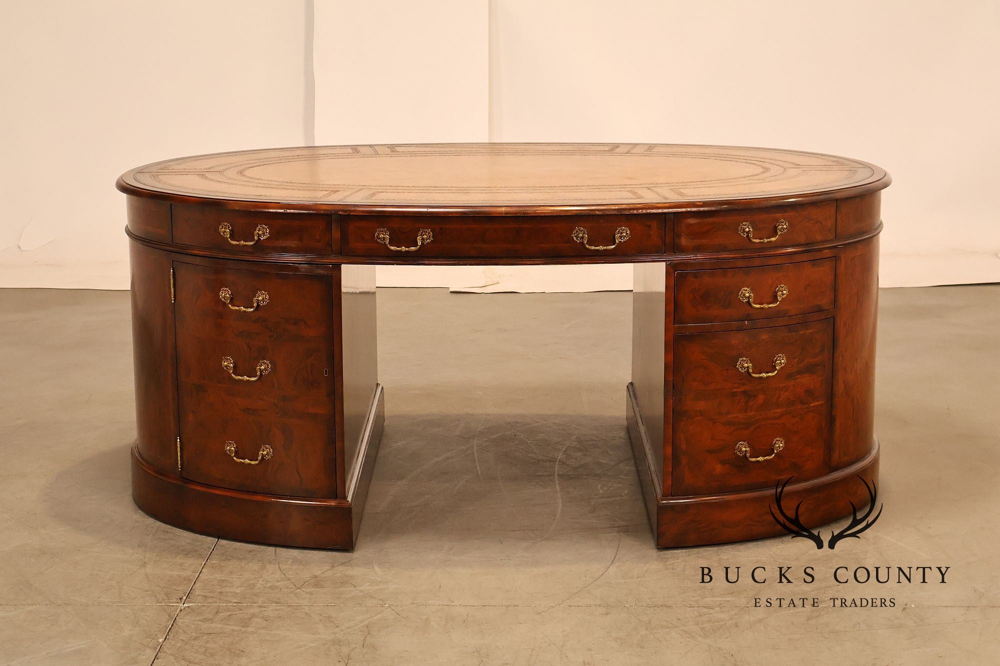 Maitland-Smith Oval Burl Wood Leather Top Partner Desk with Brass Hardware