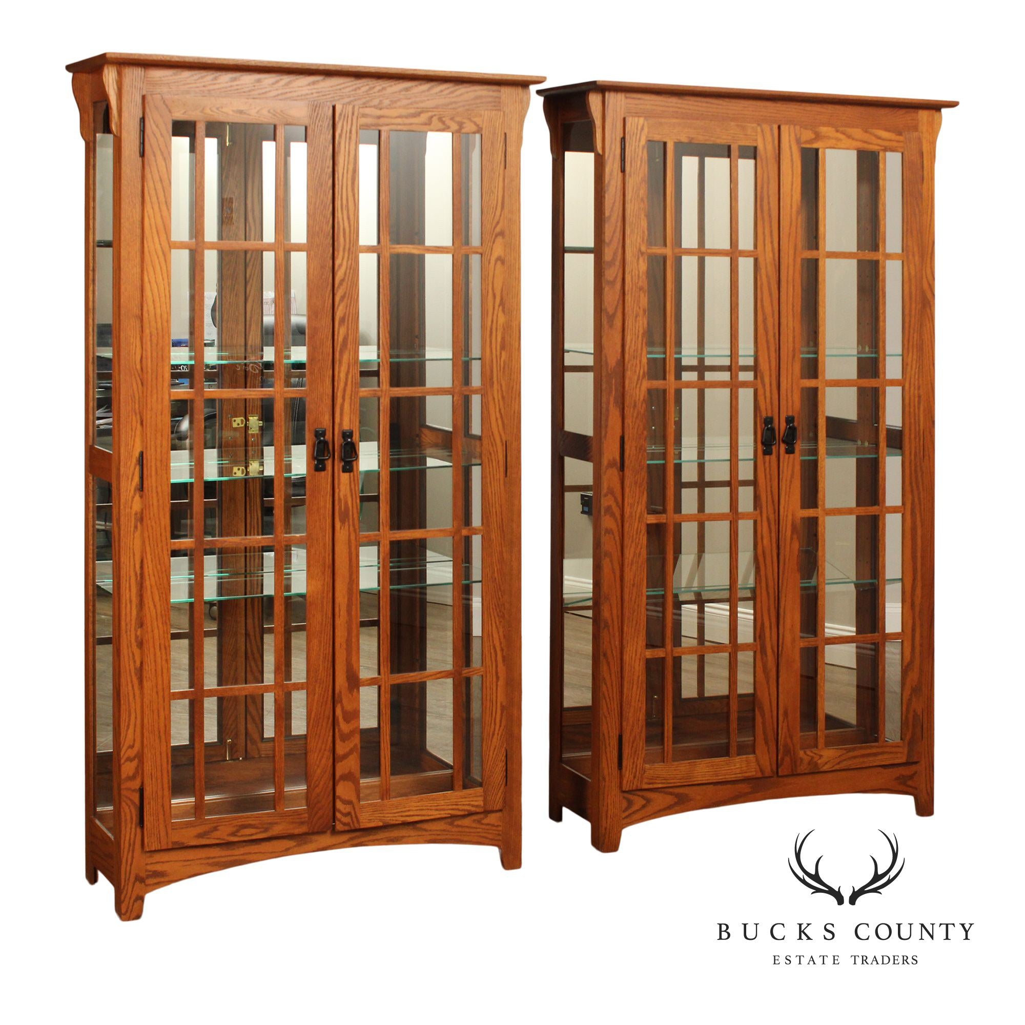 Mission Style Pair of Glass Door Oak Display Curio Cabinets