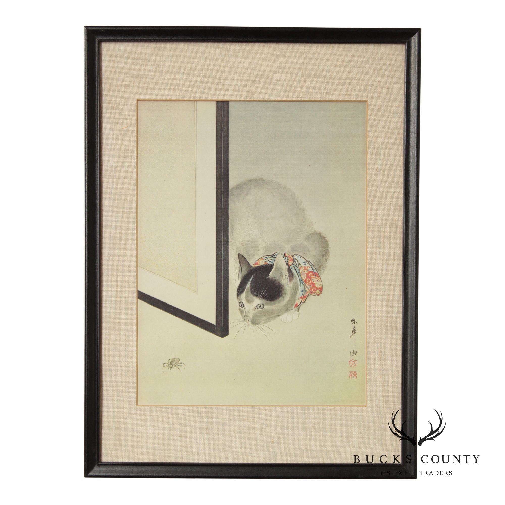 Tsuguharu Foujita Framed Japanese Woodblock Print, Cat and Spider