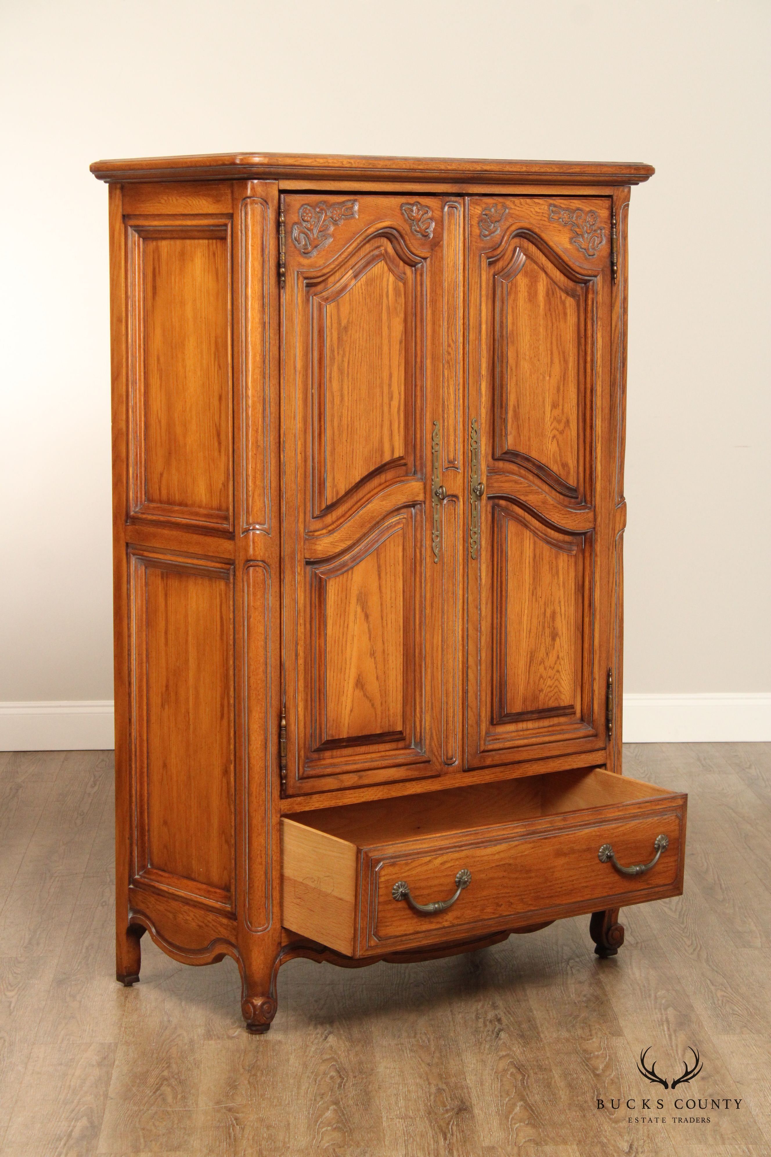 FRENCH COUNTRY STYLE CARVED OAK TWO DOOR ARMOIRE