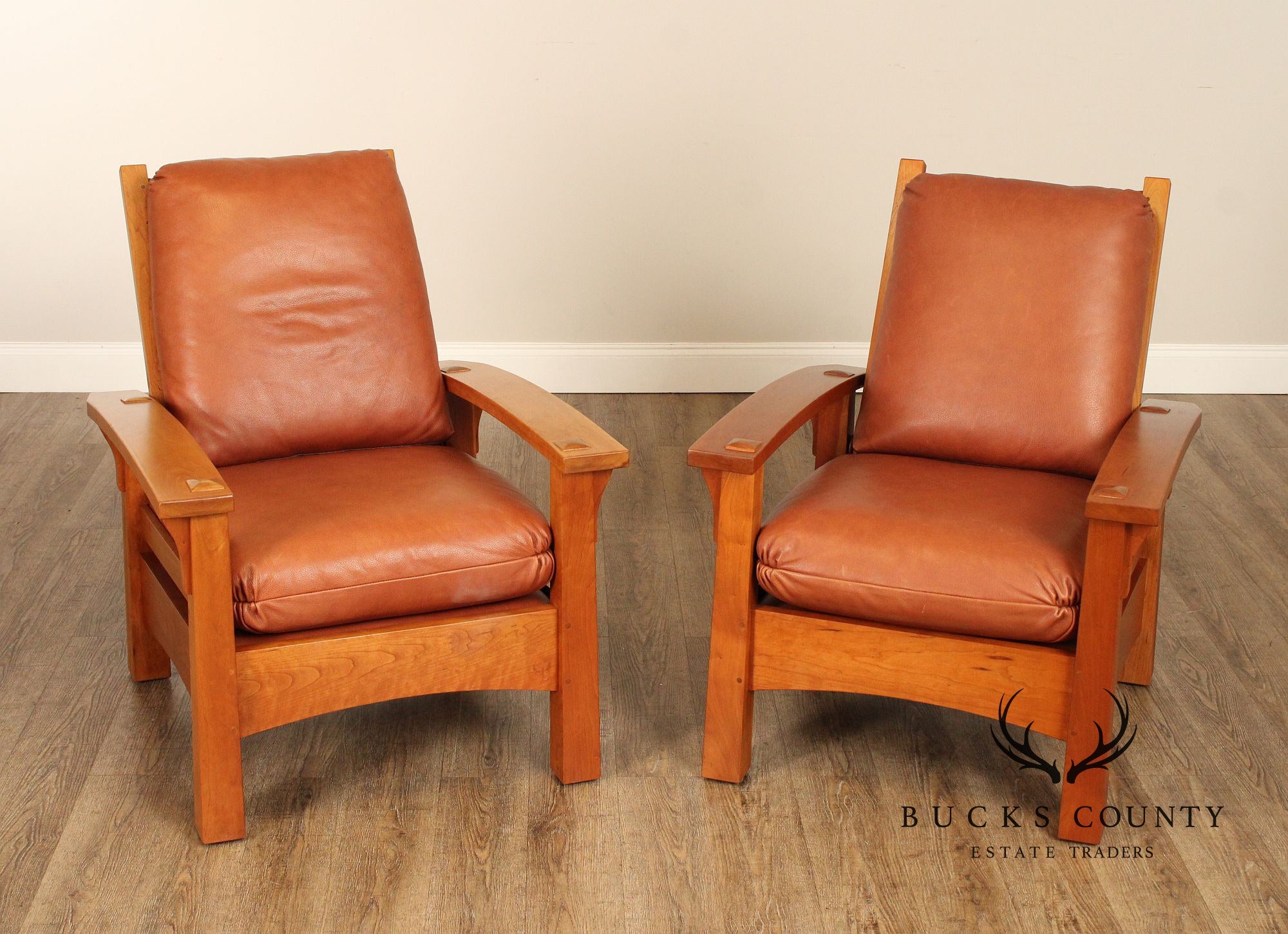 Stickley Mission Collection Pair of Gus Bow Arm Cherry Morris Chairs