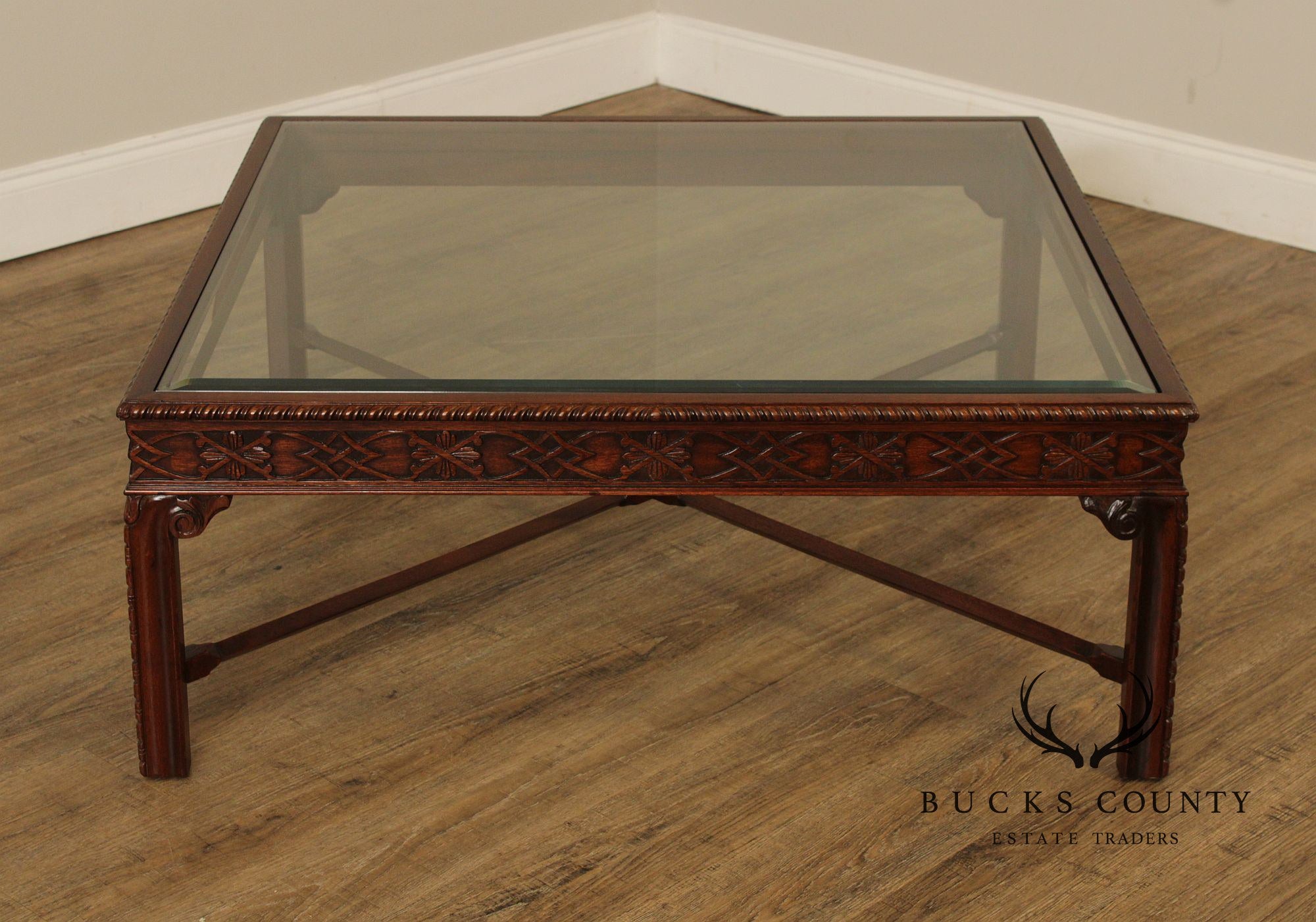 Chinese Chippendale Style Square Glass Top Coffee Table