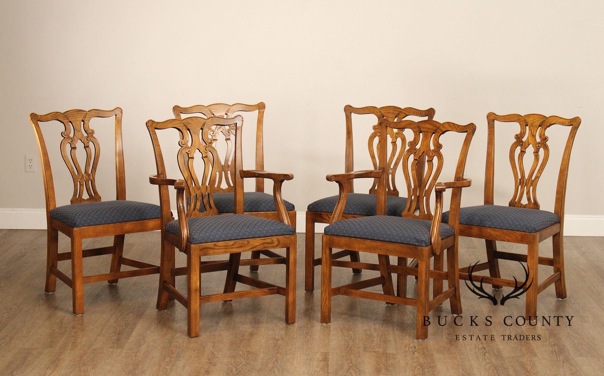 Baker Furniture Chippendale Style Set of Six Carved Oak Dining Chairs