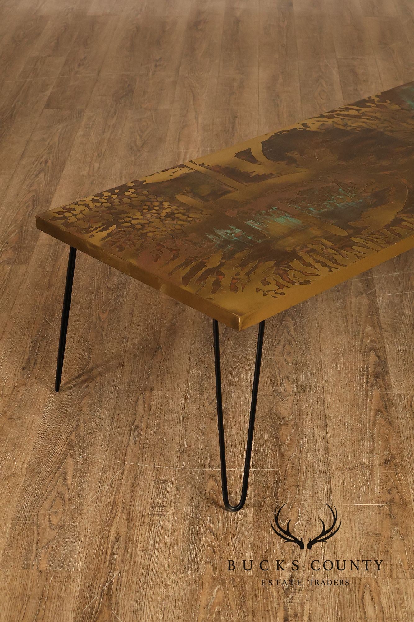Mid Century Modern Acid Etched Brass Top Coffee Table With Hairpin Legs