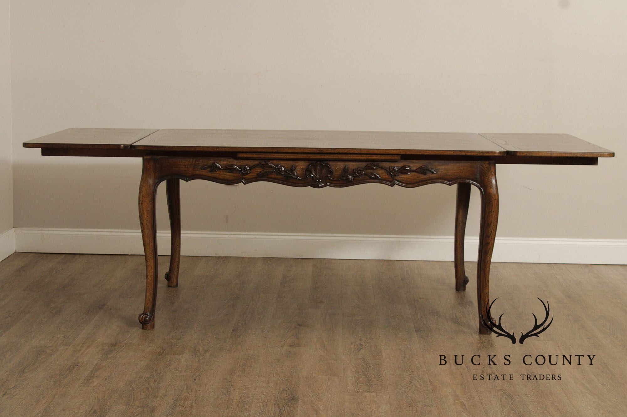 French Country Style Oak Parquetry Top Draw Leaf Dining Table