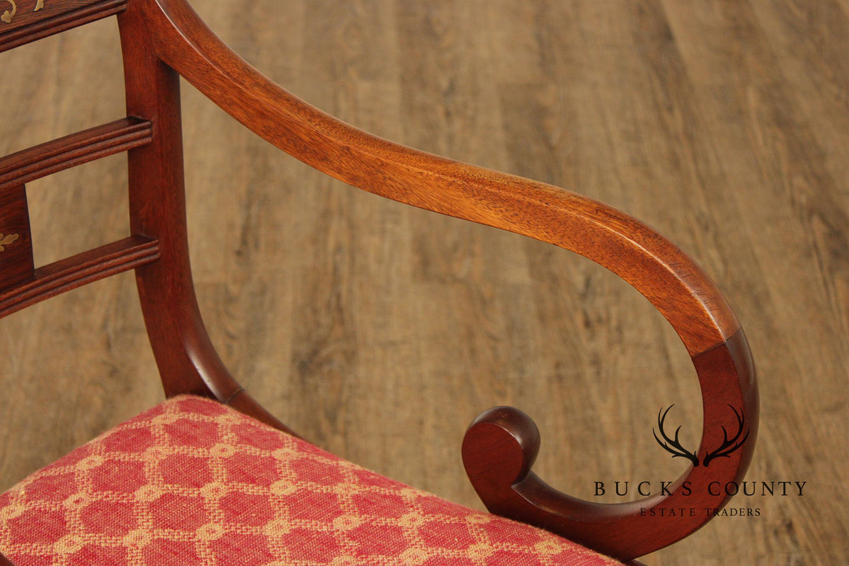 Antique English Regency Style Pair of Rosewood Brass Inlaid  Armchairs