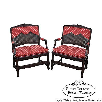 Quality Pair of French Country Wide Seat Open Arm Chairs By Interior Craft