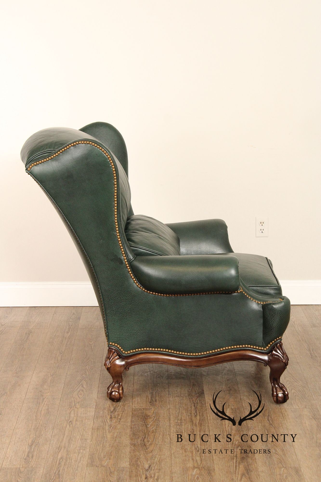 Hancock & Moore Chippendale Style Pair Of Green Leather Bustle Back Wing Chairs