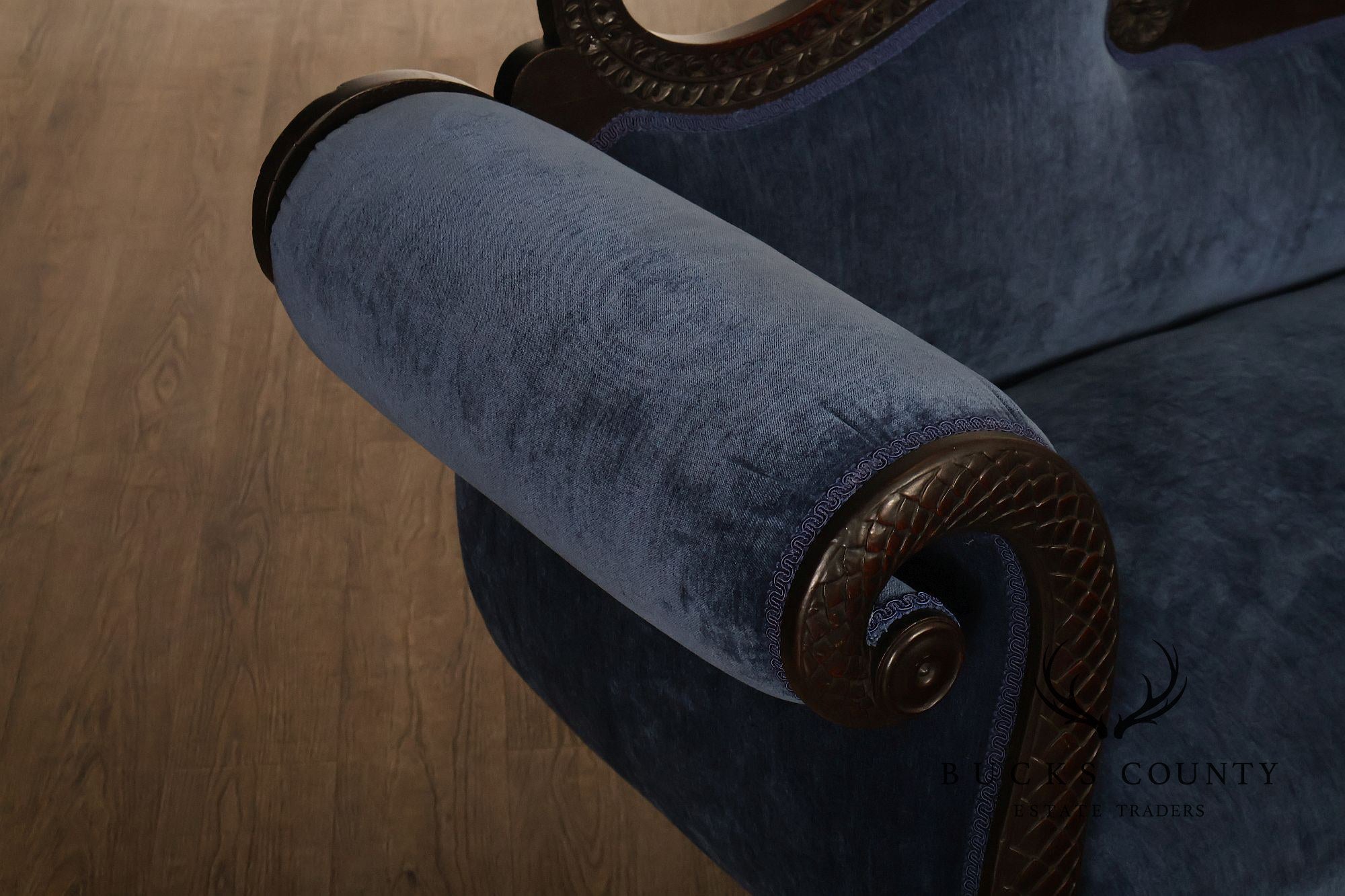 Antique American Empire Mahogany Carved Swan Arm Sofa With Blue  Upholstery