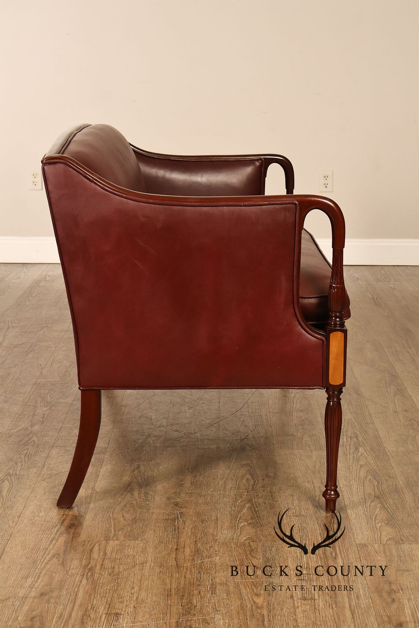 Hancock & Moore Sheraton Style Inlaid Mahogany Leather Settee