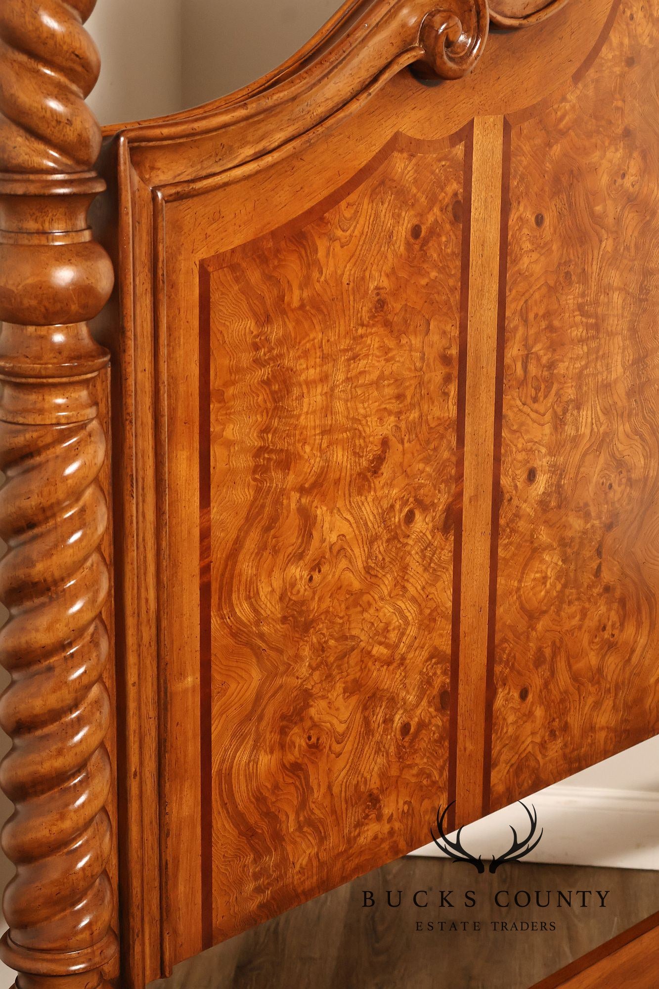 Drexel Heritage Venetian Collection Bookmatched Burl Wood King Four Poster Bed