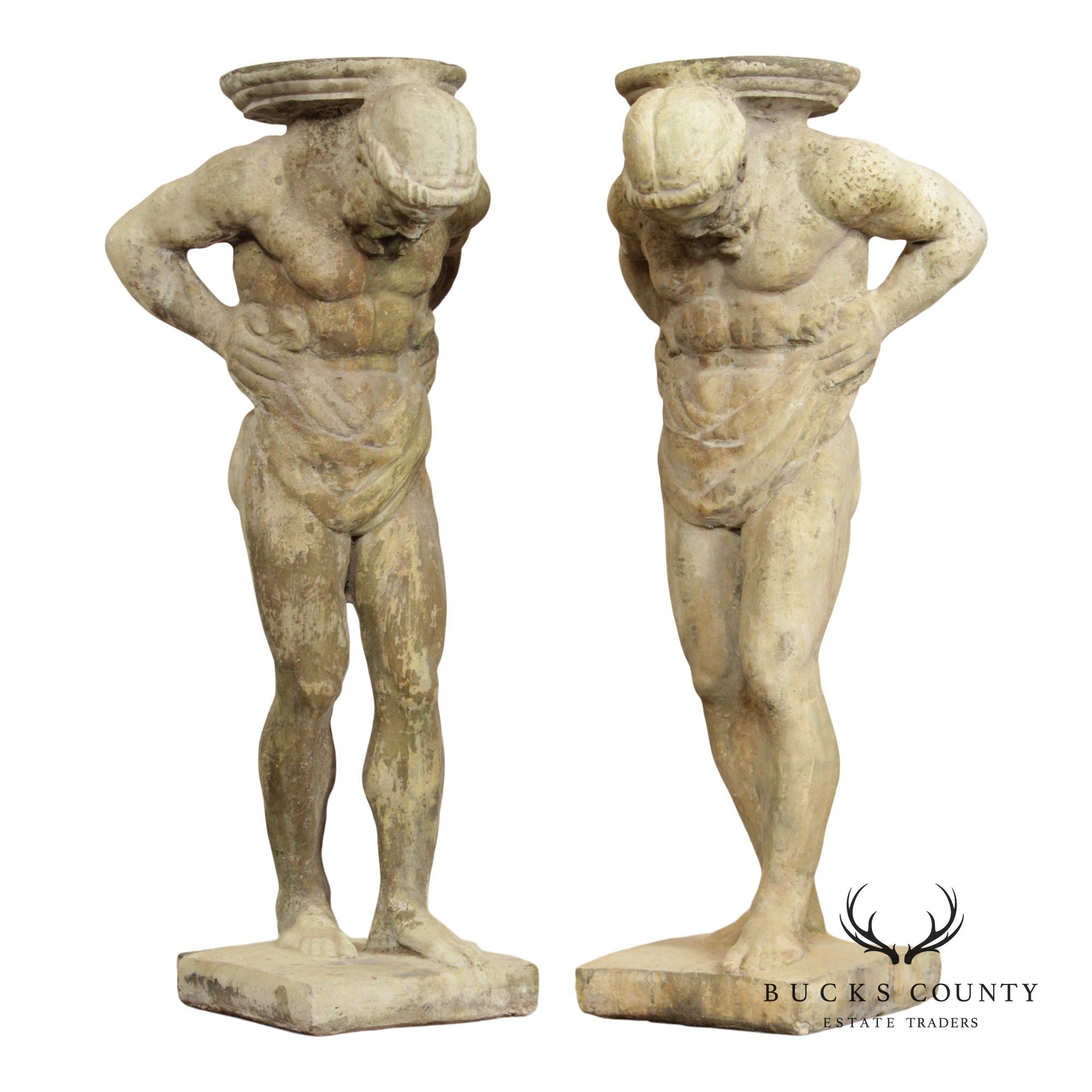 Cast Stone Vintage Pair Of 'Hercules' Figural Garden Statue Pedestals