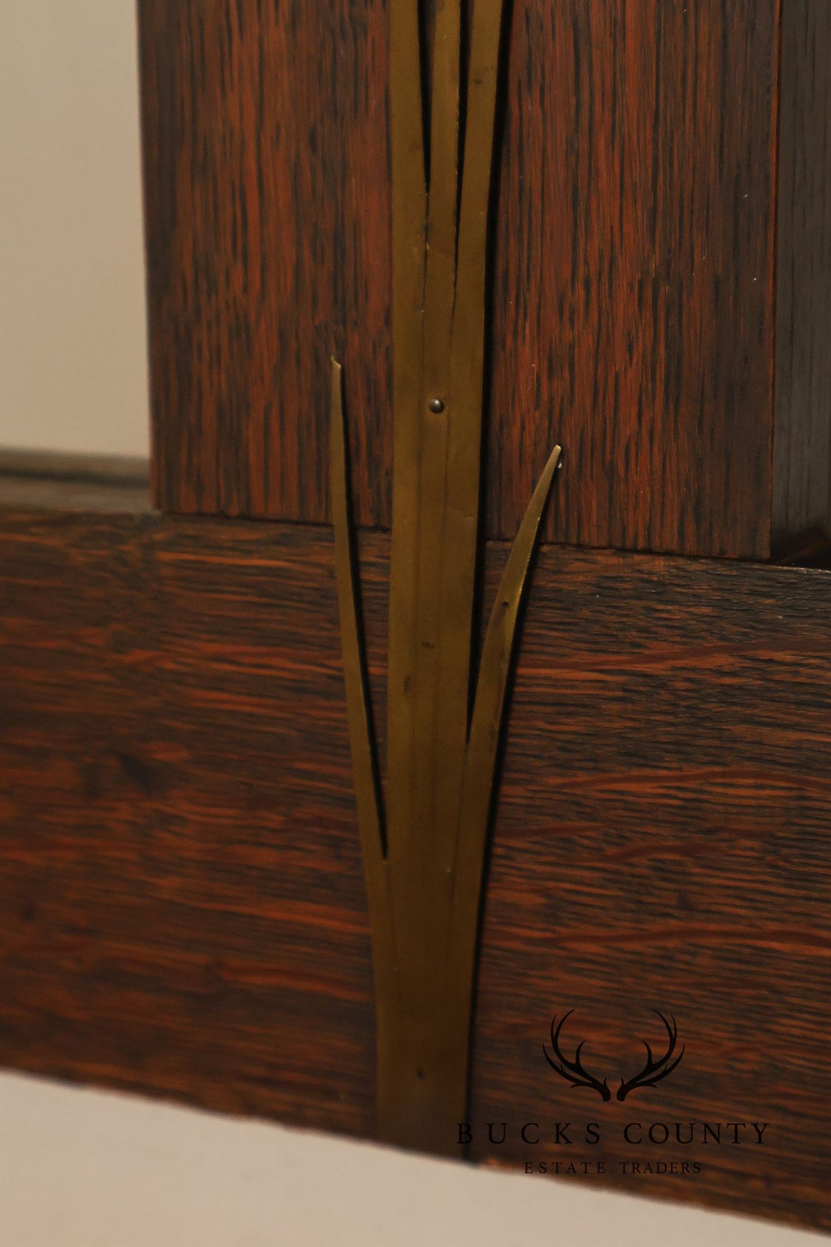 Arts And Crafts Mission Oak Mirror With Brass Cattail Decorative Mounts