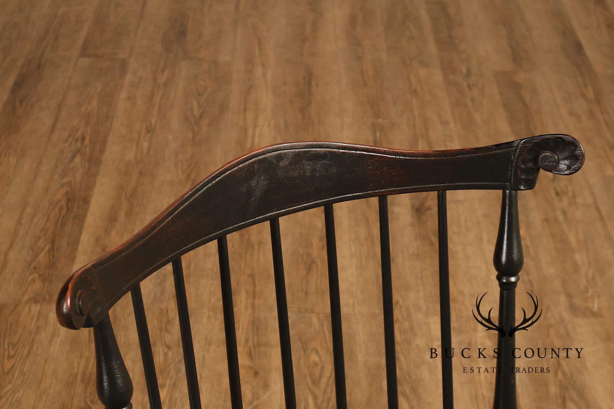 Custom Set Of Four Black Over Red Painted Fan Back Windsor Dining Chairs