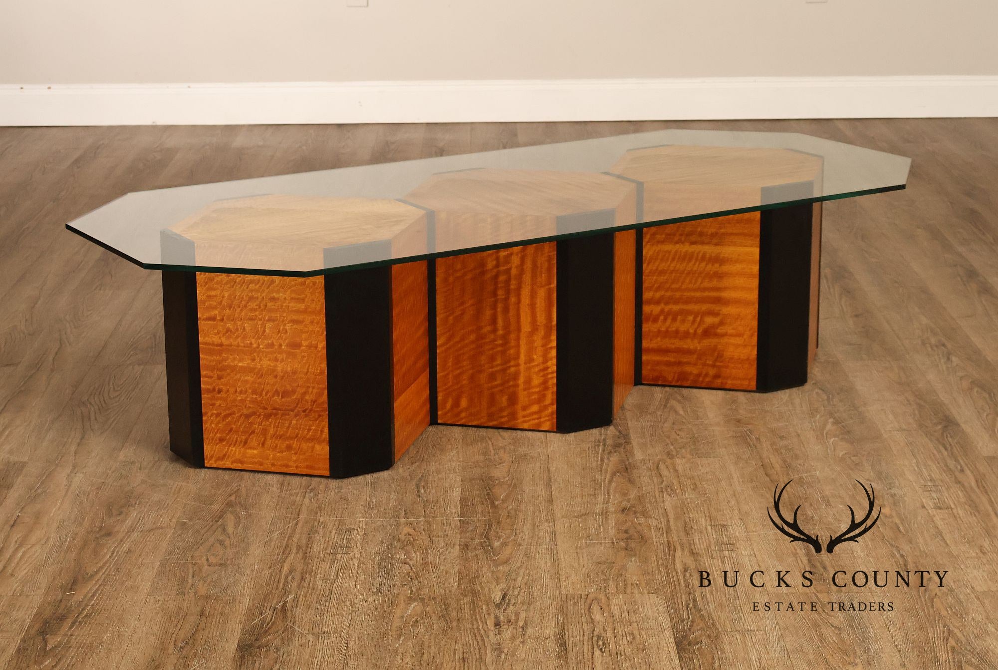 Honeycomb Style Glass Top Coffee Table With Figured Wood Base