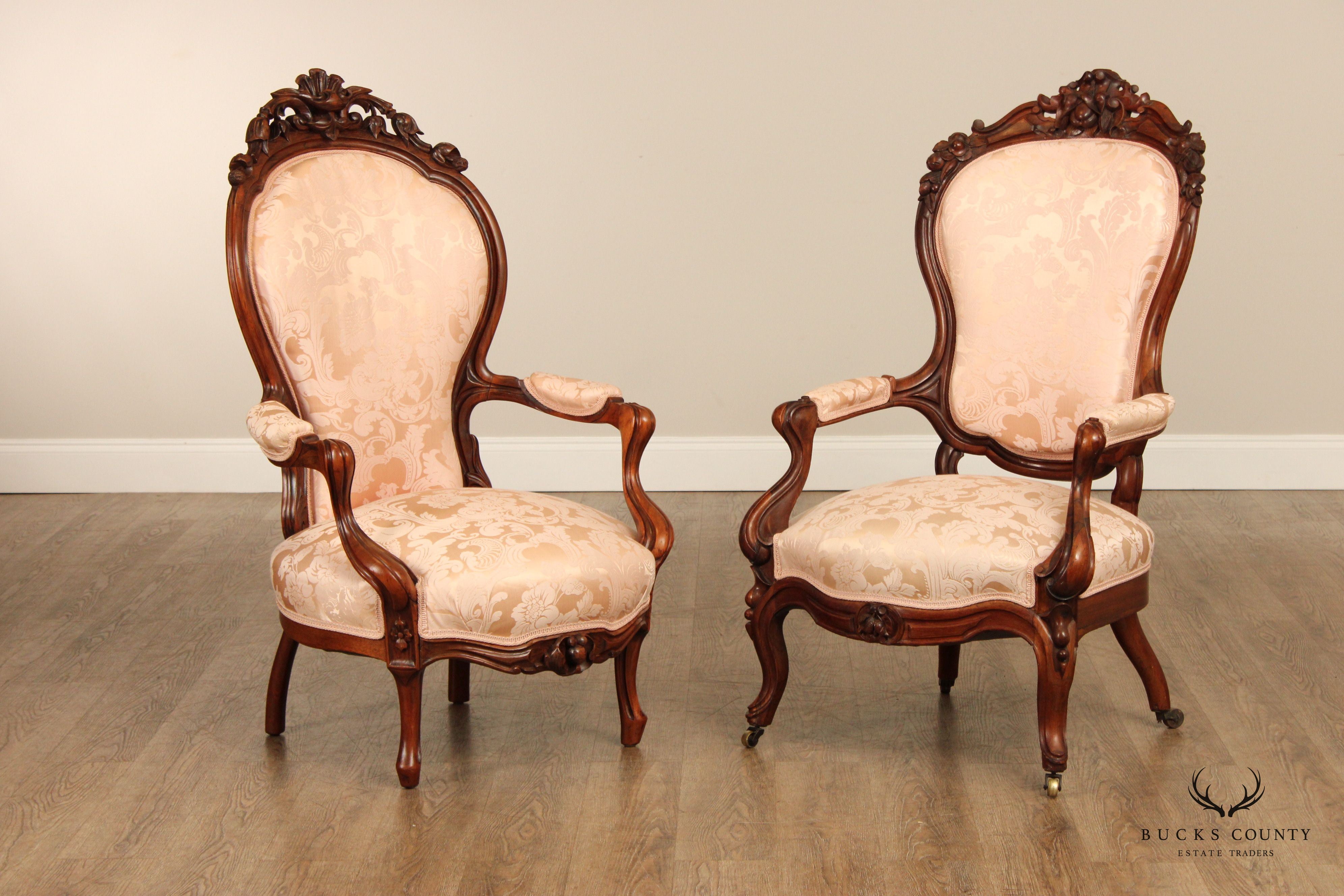 Antique Victorian Pair of Carved Walnut Armchairs
