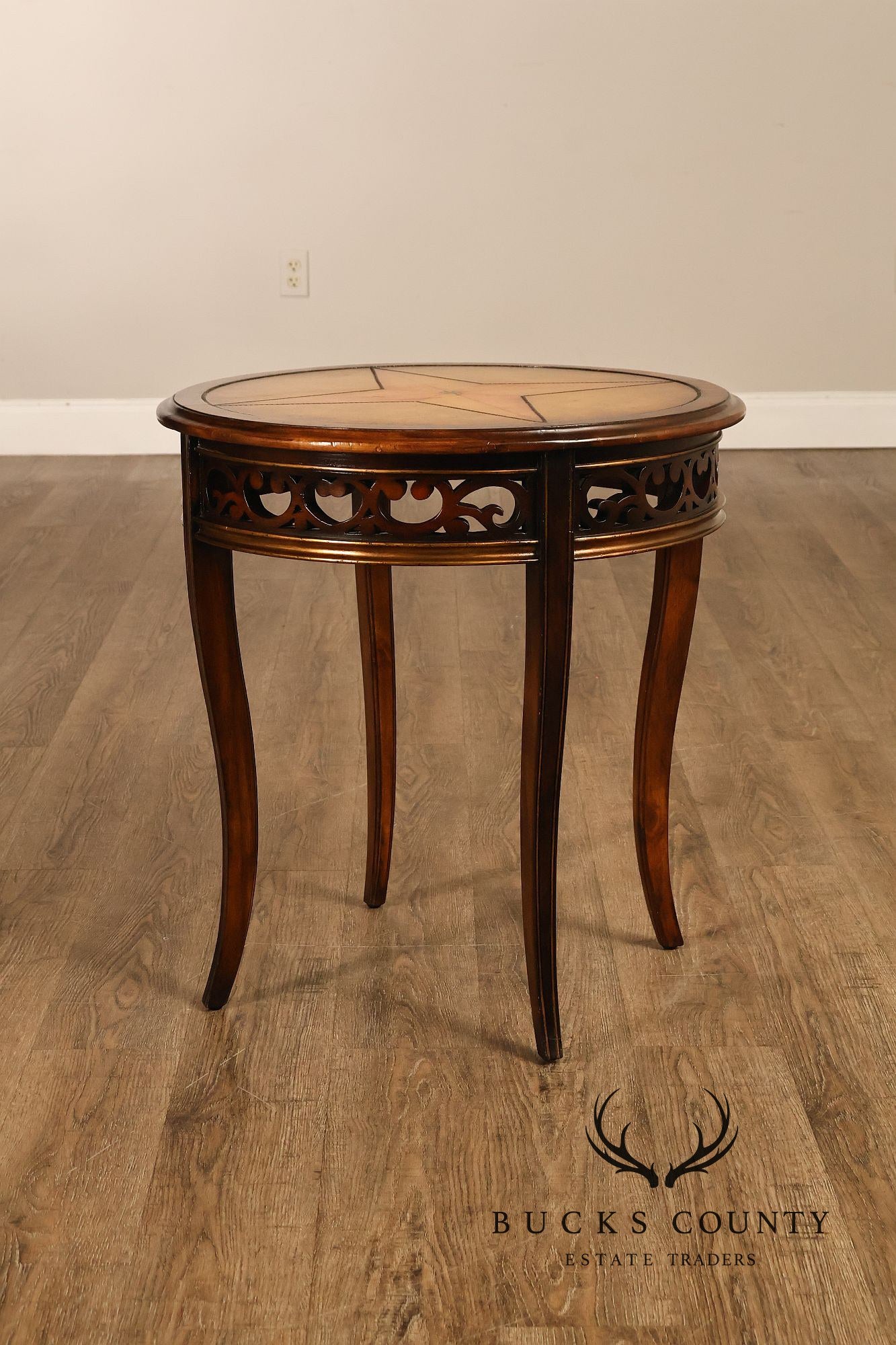 John Richard 'European Crossroads' Pair of Round Leather Top Lamp Tables