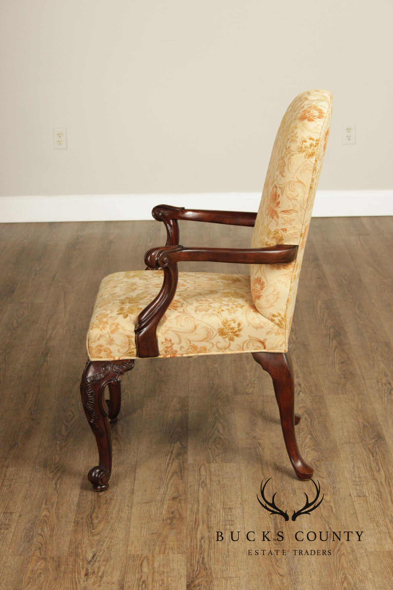 Henredon Scroll and Floral Upholstered Cabriole Leg Armchairs