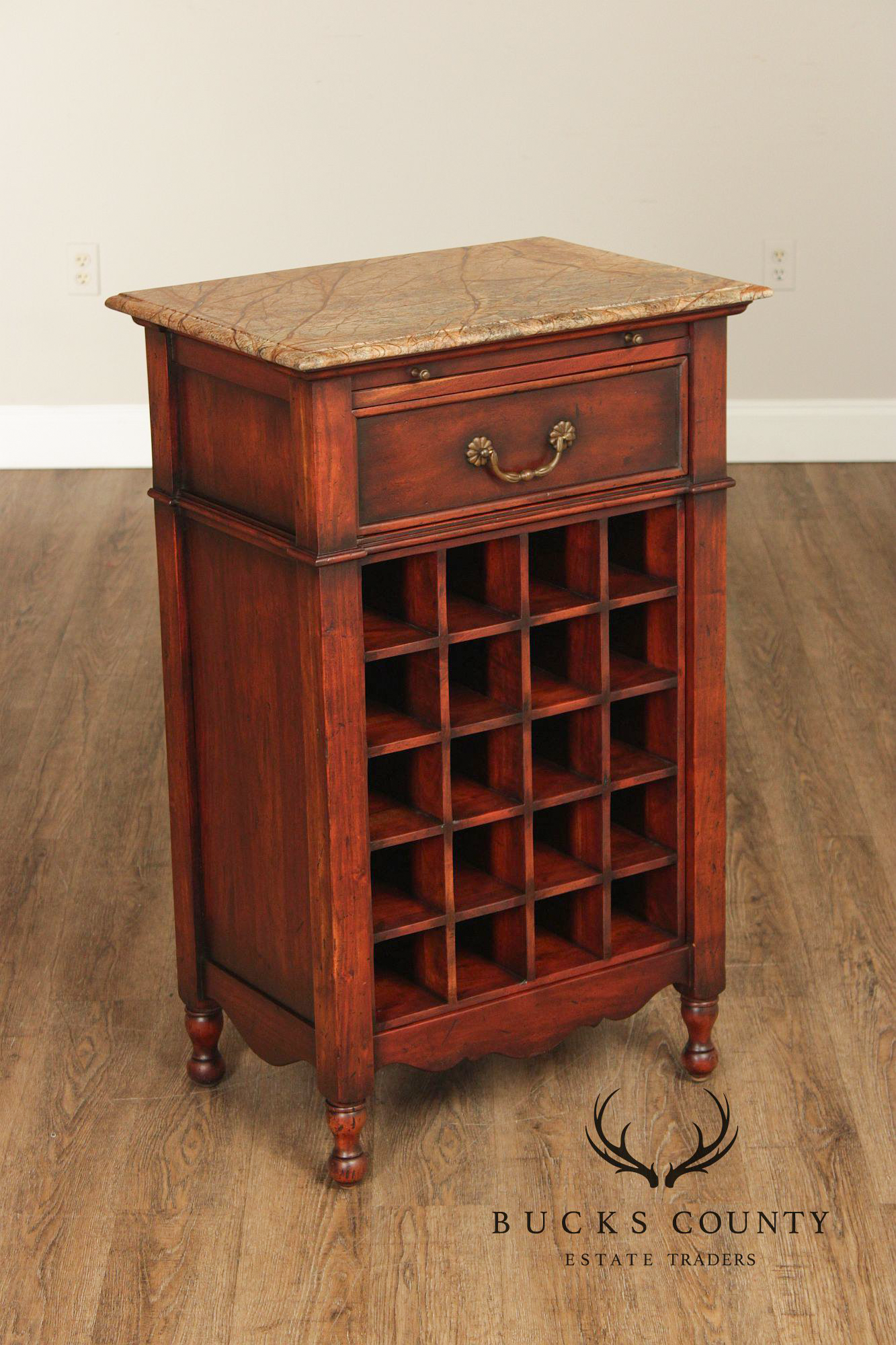 French Country Style Marble Top Wine Rack Cabinet With Drawer, Cherry Finish