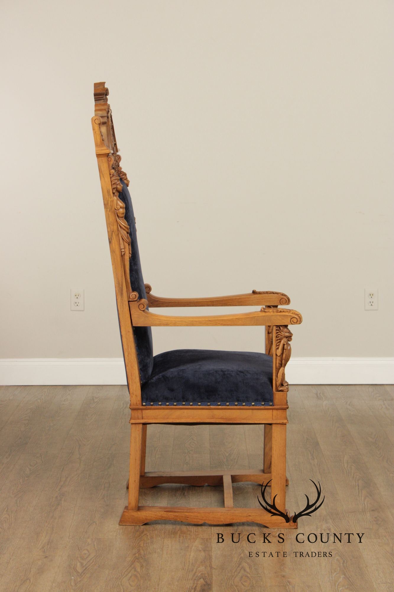 Antique Carved Walnut Renaissance Revival Style Throne Armchair