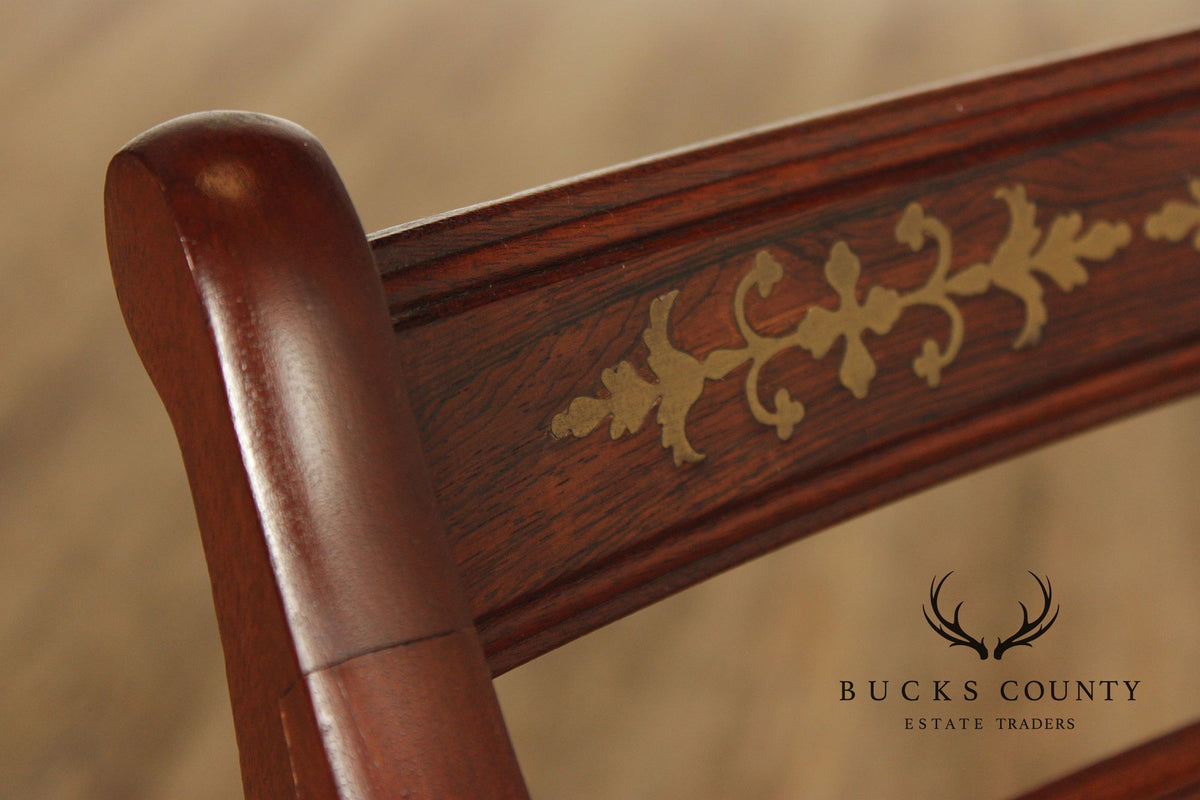 Antique English Regency Style Pair of Rosewood Brass Inlaid  Armchairs
