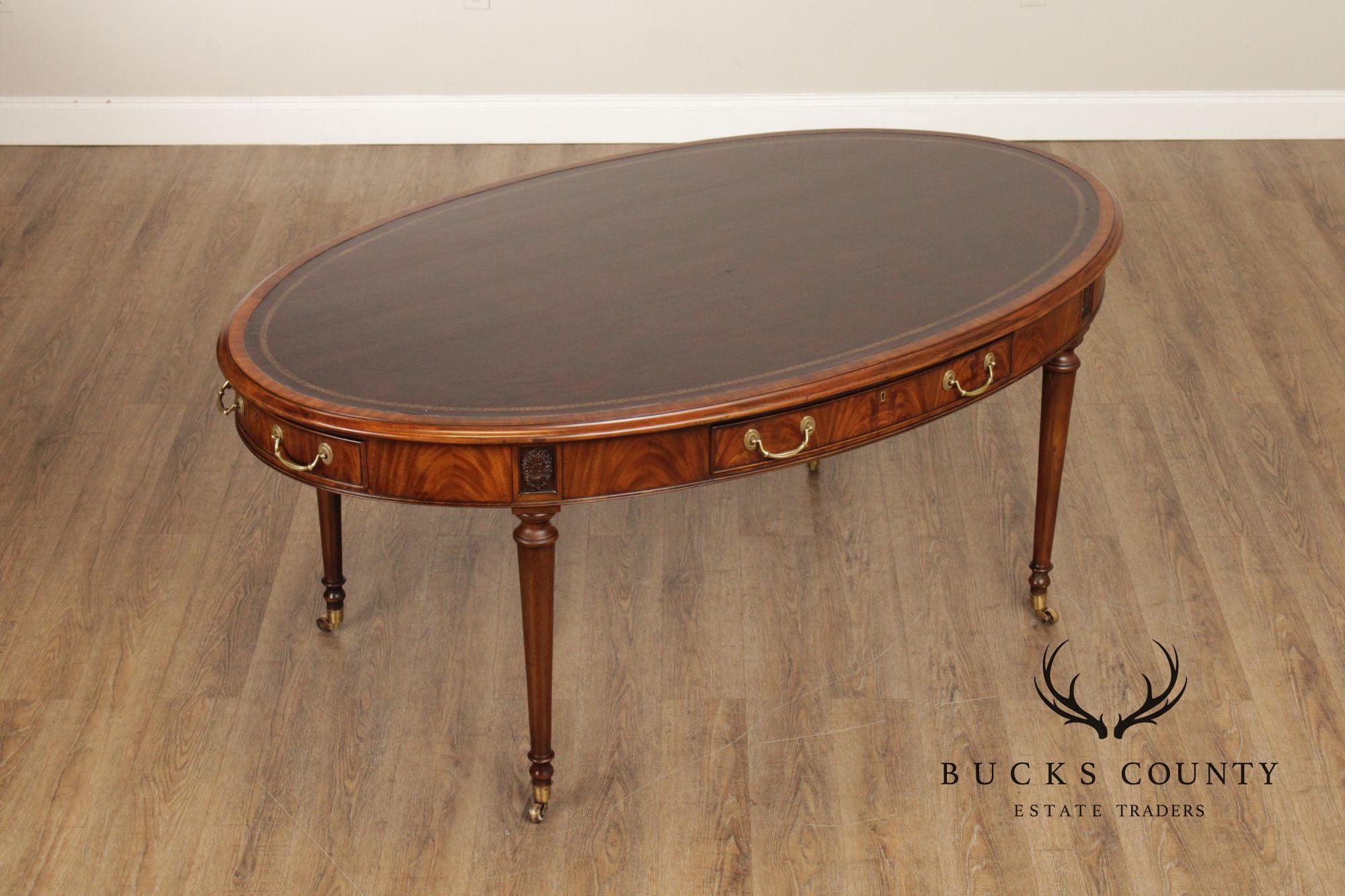 E.J. Victor Regency Style Mahogany Leather Top Oval Partners Desk Writing Table