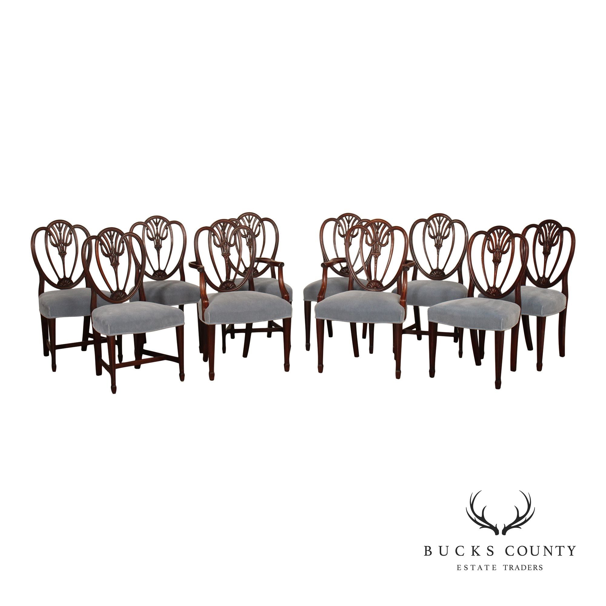 Hepplewhite Style Set of Ten Carved Mahogany Dining Chairs